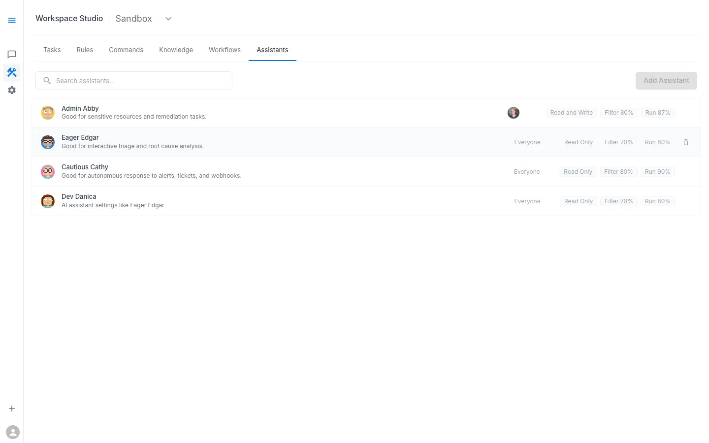 Assistants list showing all configured assistants with profiles