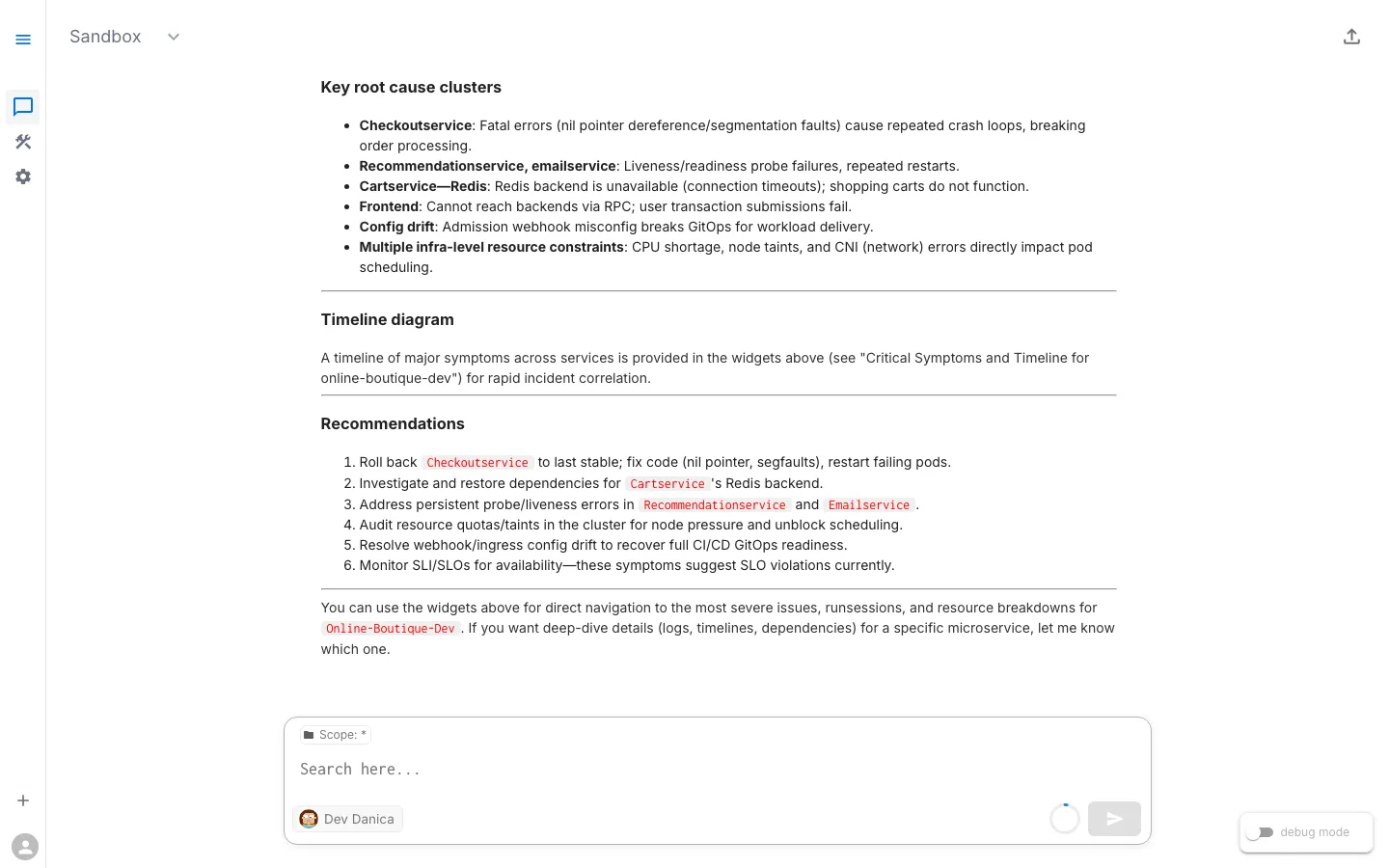 Assistant root cause analysis with key findings and recommendations