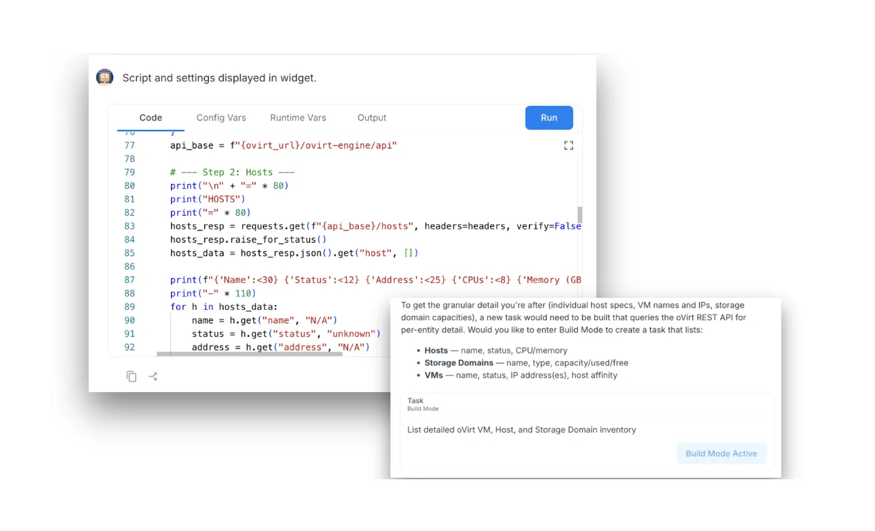 RunWhen recognizing that no existing skill answers the question, and offering to enter Build Mode to create a new task against the live oVirt environment.