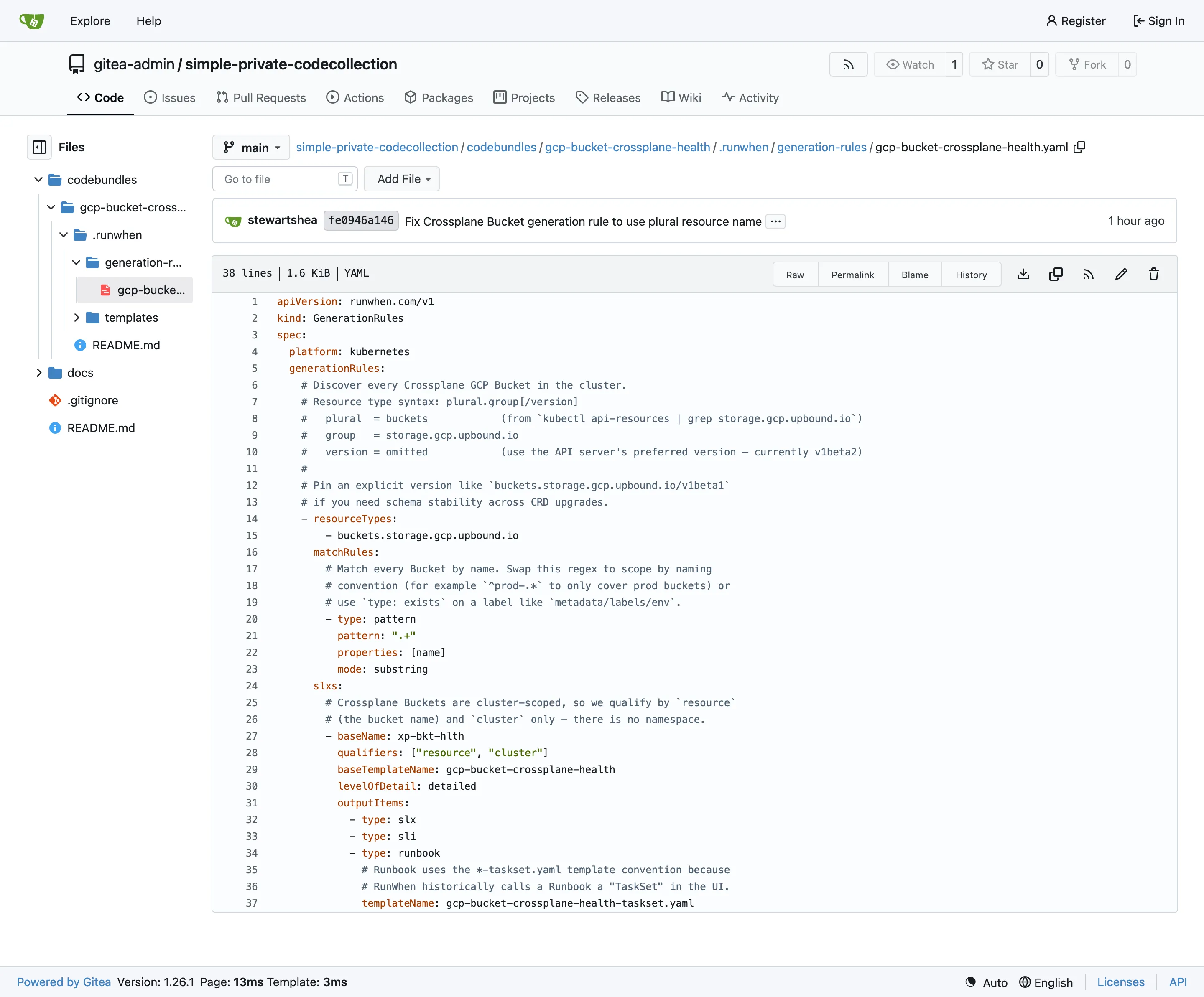 Gitea file view of gcp-bucket-crossplane-health.yaml on the main branch, showing the GenerationRules manifest with syntax highlighting, line numbers, the resourceTypes list containing buckets.storage.gcp.upbound.io, the substring pattern matchRule, and the slxs block declaring an SLX/SLI/Runbook output for every matched bucket
