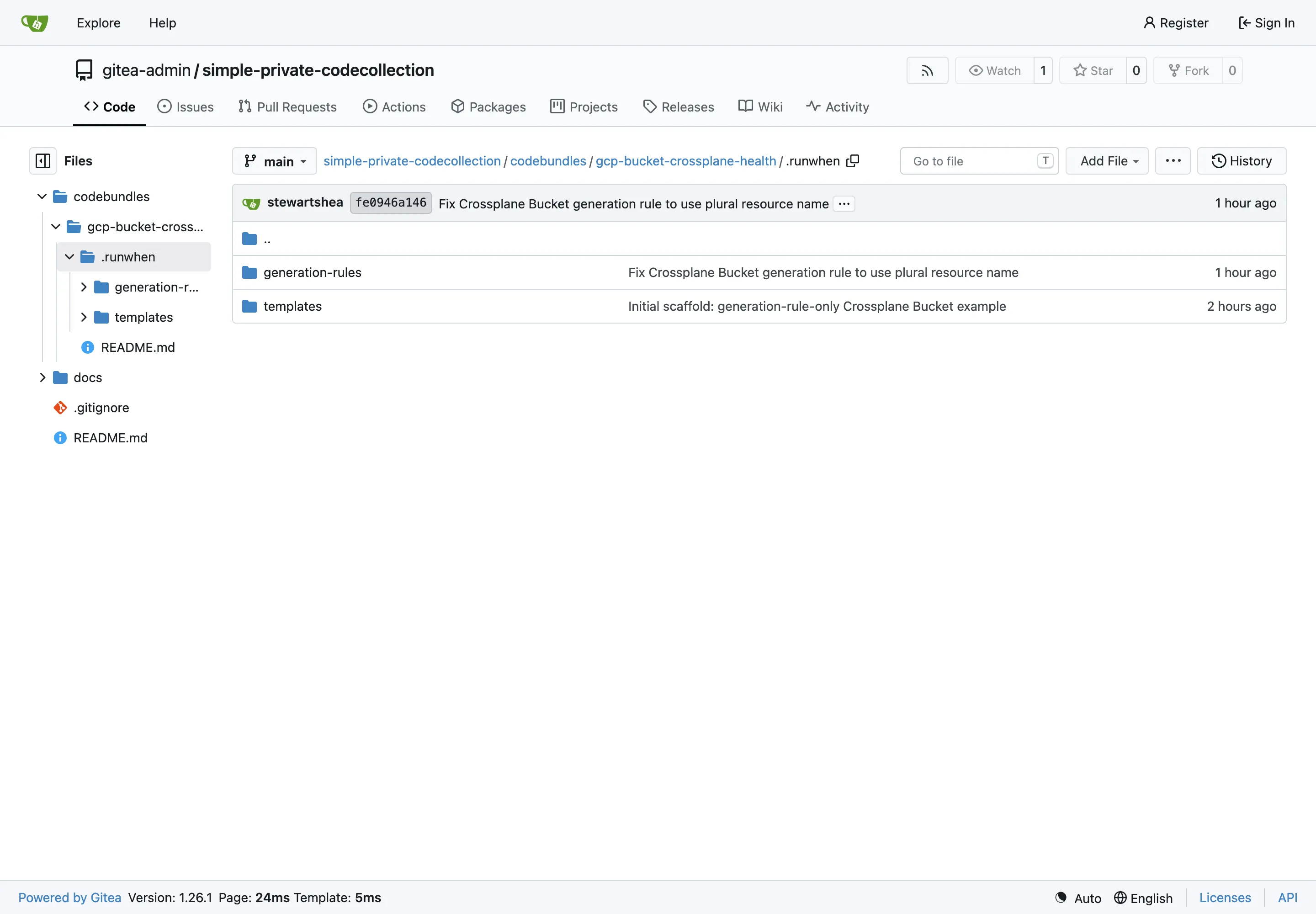 Gitea file browser showing the codebundles/gcp-bucket-crossplane-health/.runwhen/ directory with two subfolders — generation-rules/ and templates/ — and the top-level README.md, matching the layout described in the tree above
