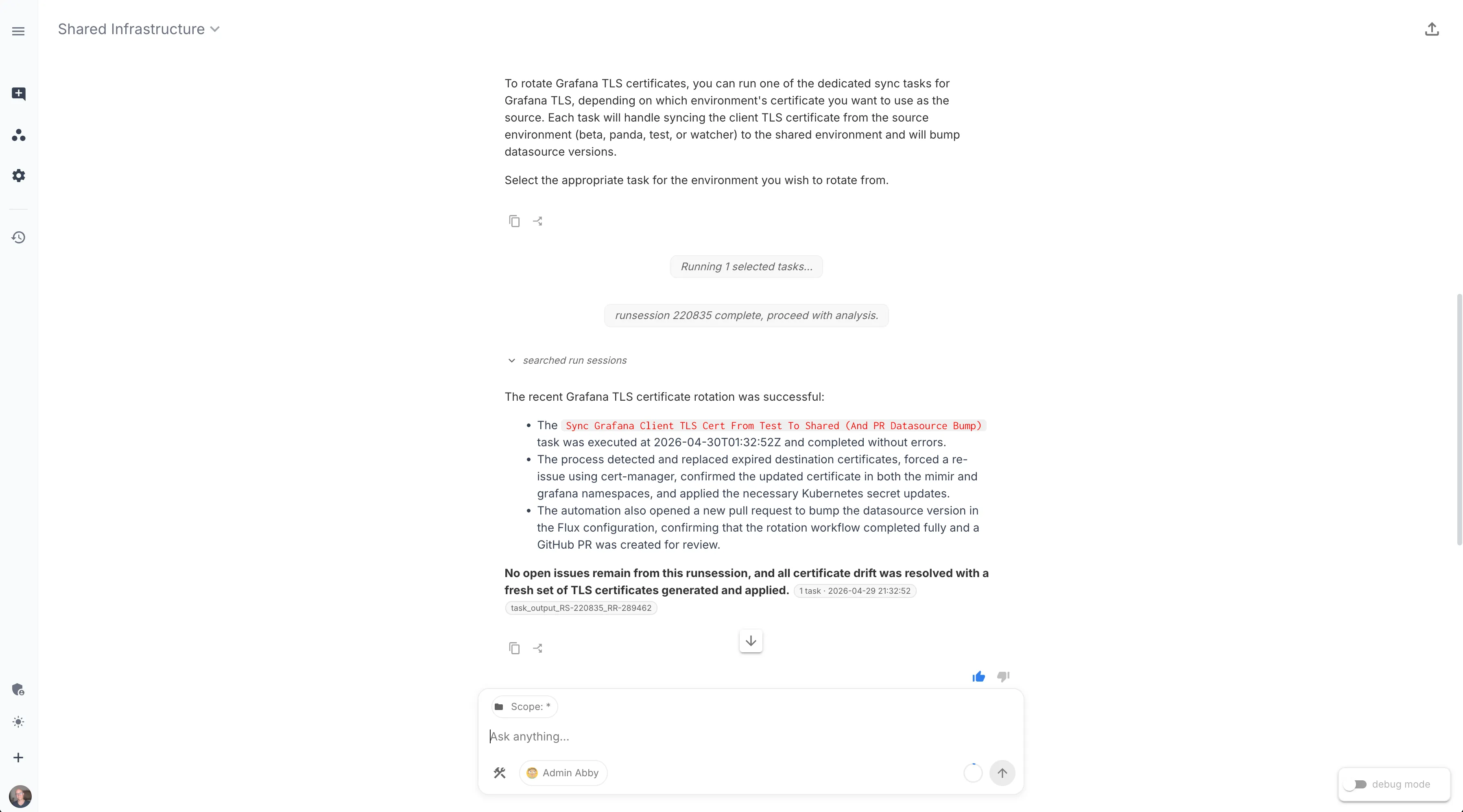 Workspace Chat with Eager Edgar selected, summarizing the output from running one of the tasks.