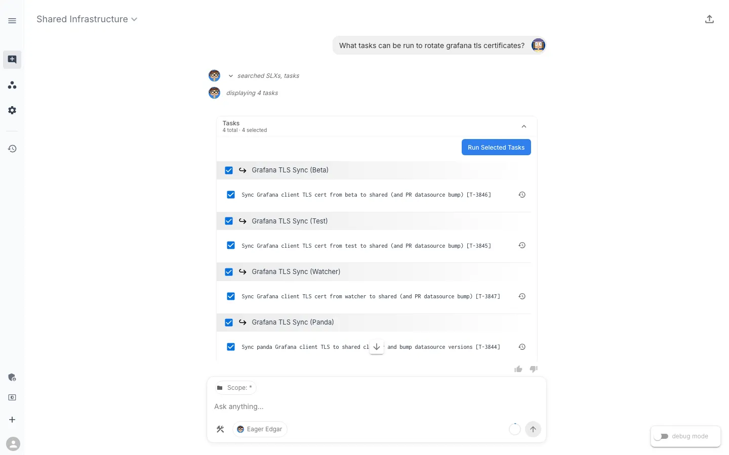 Workspace Chat with Eager Edgar selected, answering "What tasks can be run to rotate grafana tls certificates?" by listing four runnable Grafana TLS Sync tasks with checkboxes and a Run Selected Tasks button.