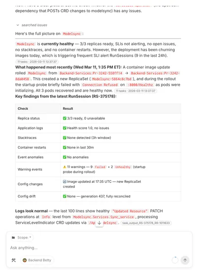 RunWhen Workspace Chat showing an example question and AI-assisted response.