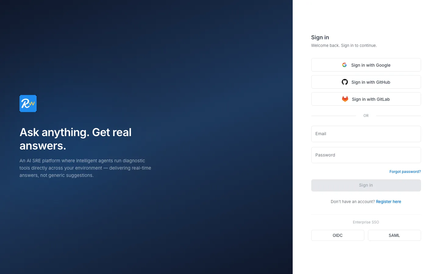 Sign in page at app.beta.runwhen.com