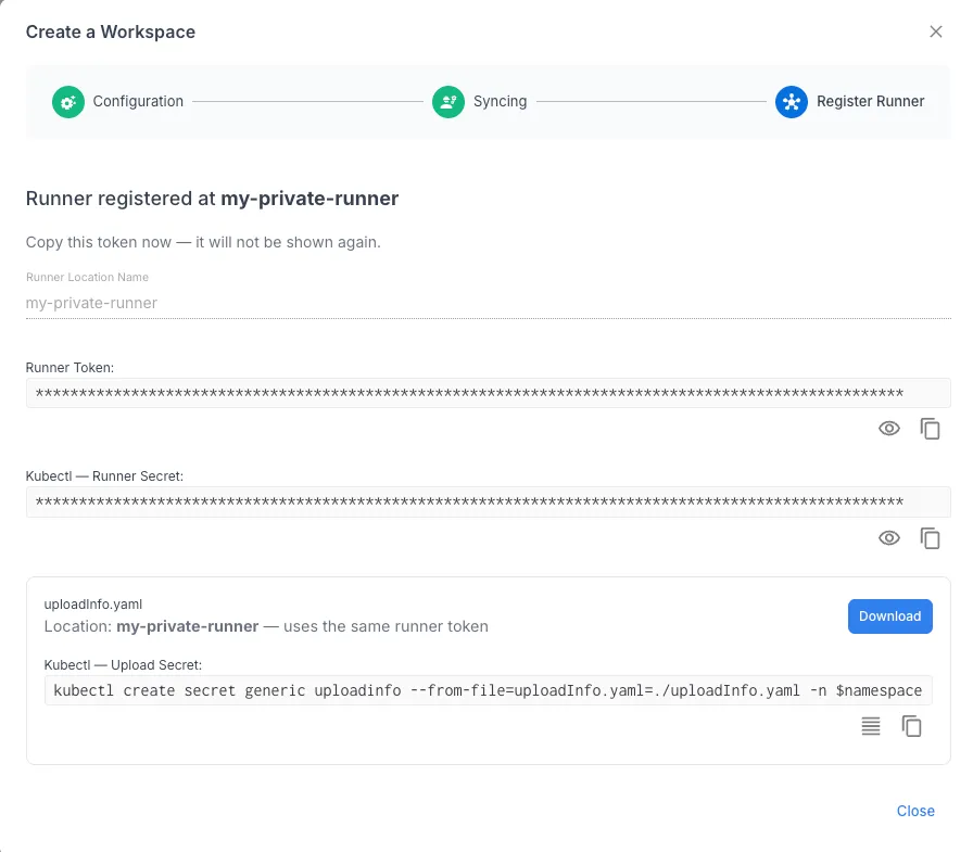 Runner token and uploadinfo.yaml download