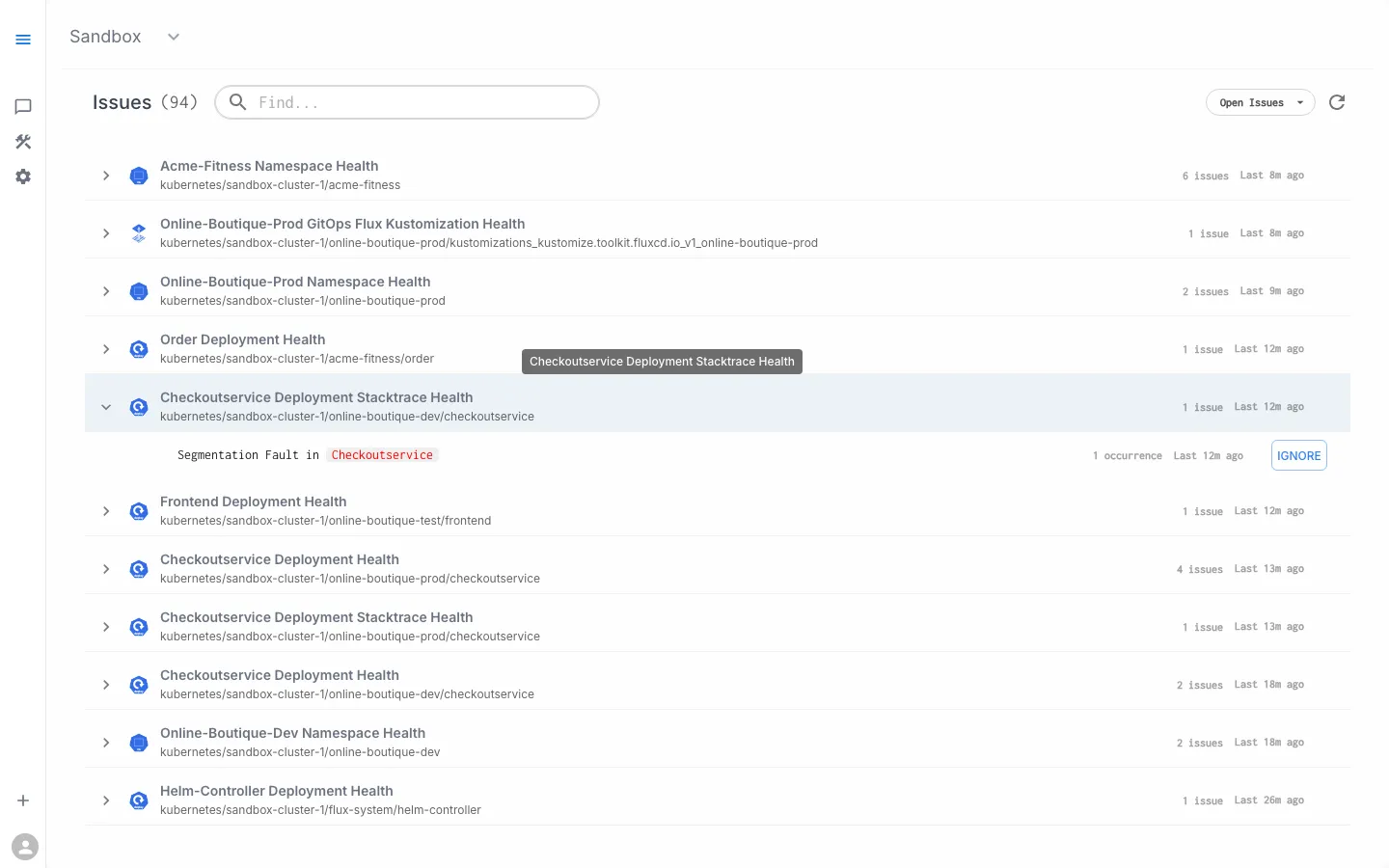 Issue detail — expanded view showing individual issues and IGNORE button