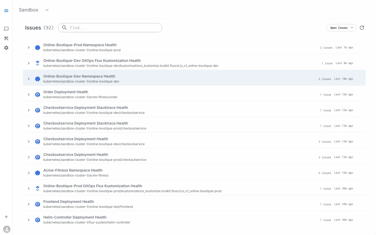 Issues list — showing open issues grouped by SLX