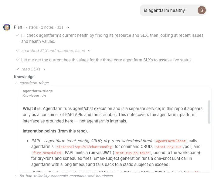 The assistant's Knowledge section listing the applied agentfarm-triage note, with the plan header showing 2 notes