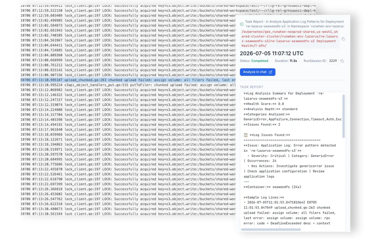 Raw log stream next to a task report — health score, severity, occurrence count, and sample log lines extracted into a structured issue.
