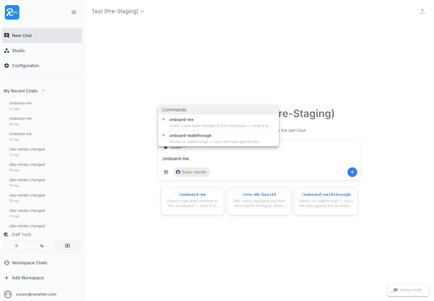 Slash-command suggestions appear after typing / in workspace chat.