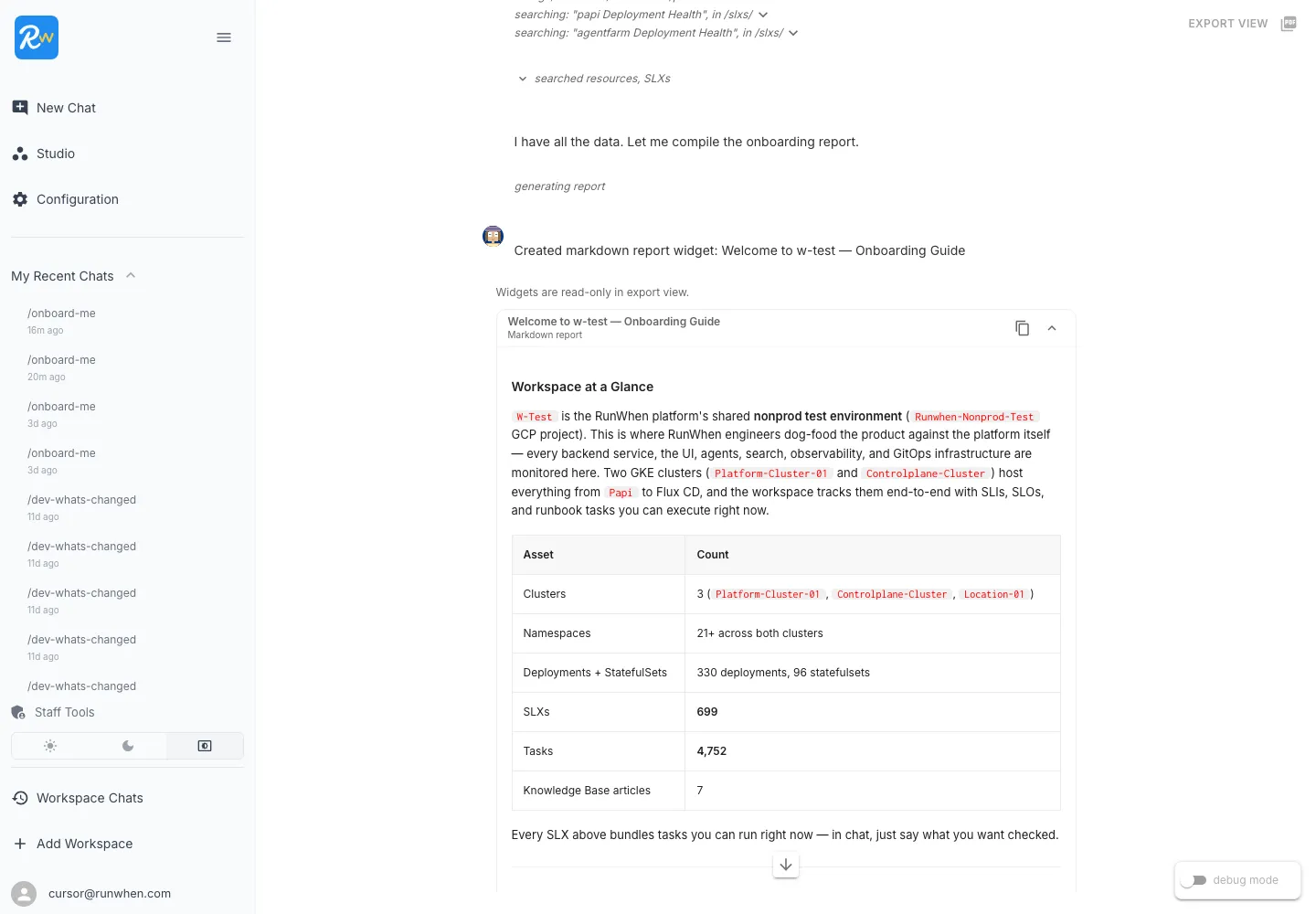 Workspace at a glance — identity paragraph and asset-count table for w-test.
