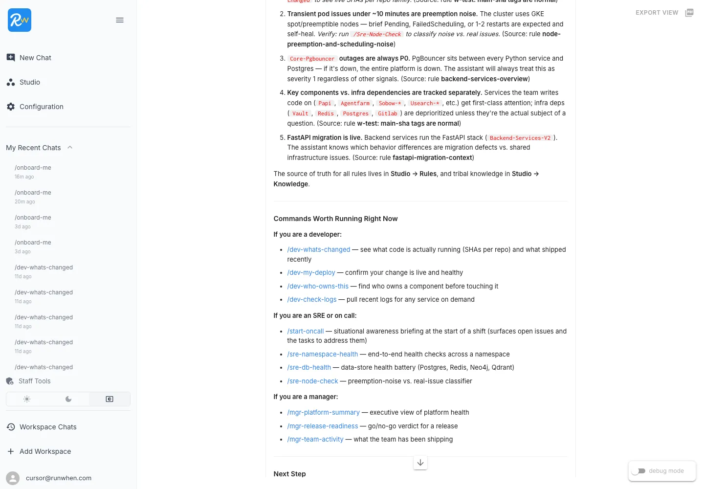 Workspace conventions the assistant already knows — five numbered rules pulled from the workspace's chat-rules and KB articles.
