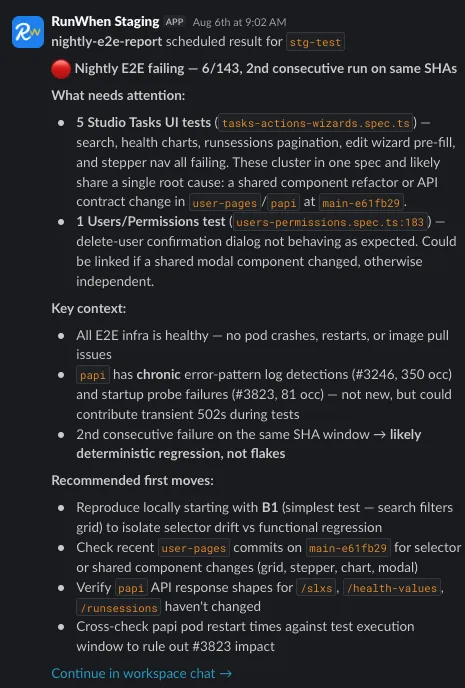 A nightly E2E failure report in Slack with failing test classes, key context and recommended first moves.