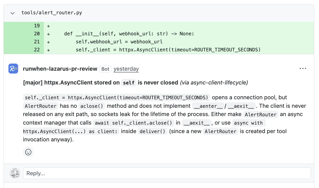 An inline major finding from the review bot on tools/alert_router.py: an httpx.AsyncClient stored on self is never closed, with two suggested fixes.