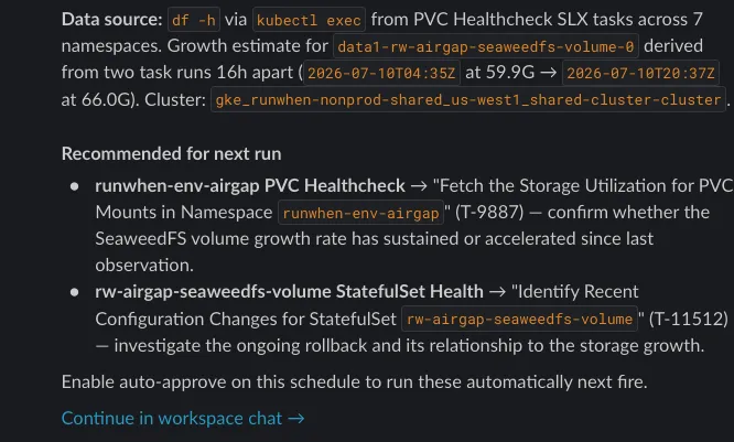 The end of the storage report: the data source used, two recommended tasks for the next run, and a link to continue in workspace chat.