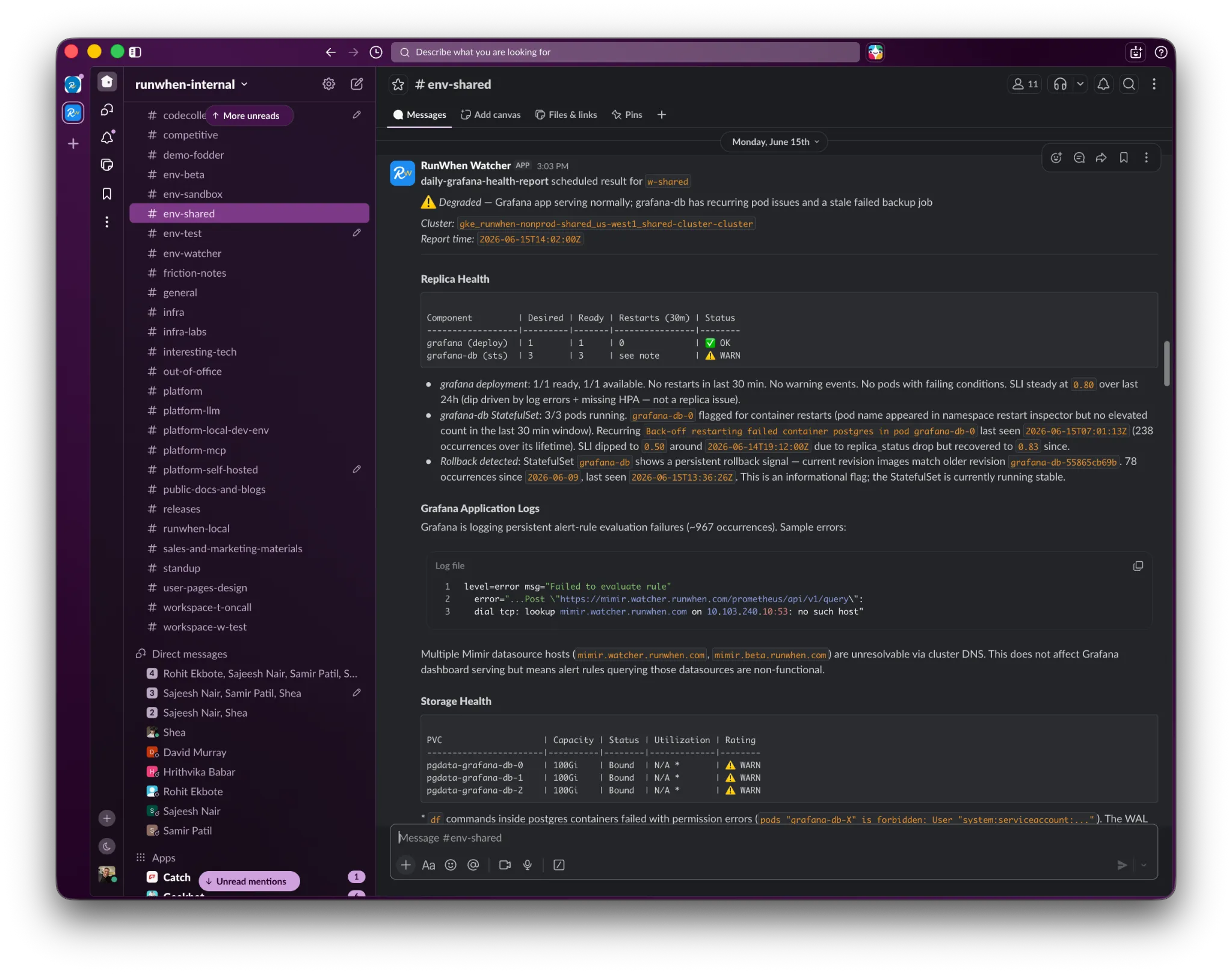 A daily Grafana stack newsletter in Slack summarizing application logs, Kubernetes health checks and underlying storage health for the self-managed observability stack.