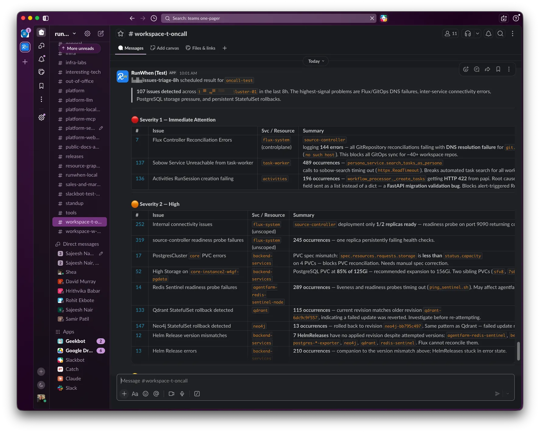 A Slack newsletter from a RunWhen Agent: "107 issues detected in the last 8h," broken into Severity 1 and Severity 2 tables listing Flux reconciliation DNS failures, service-unreachable errors, PostgreSQL PVC pressure and StatefulSet rollbacks, each with occurrence counts and root-cause summaries.