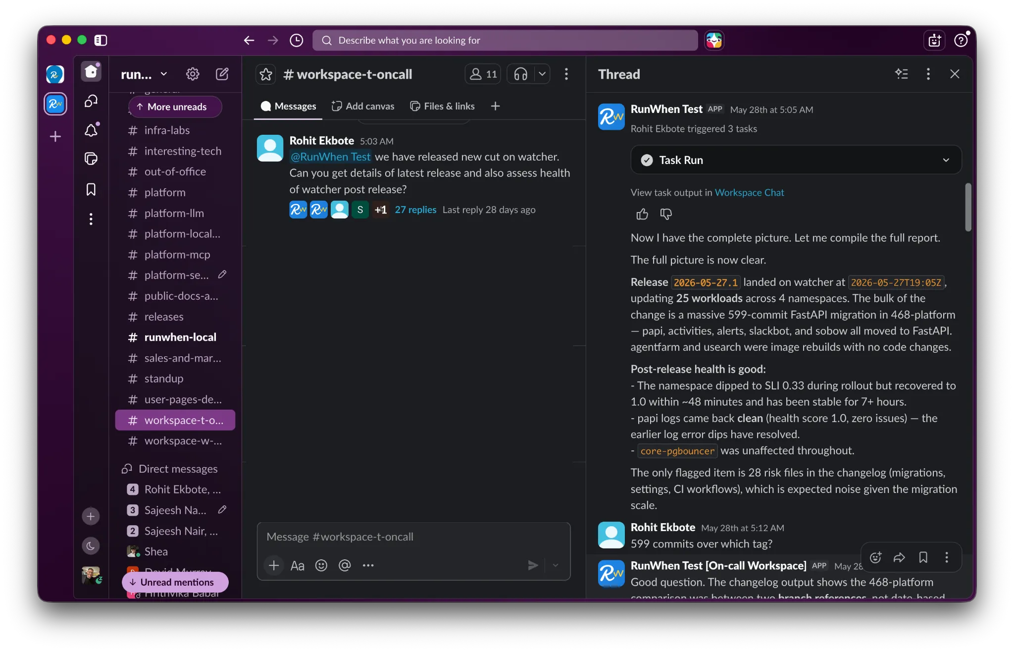 An Agent produces release content documentation on demand, summarizing what changed in the release alongside a health readout drawn from Skills running continuously in the background.