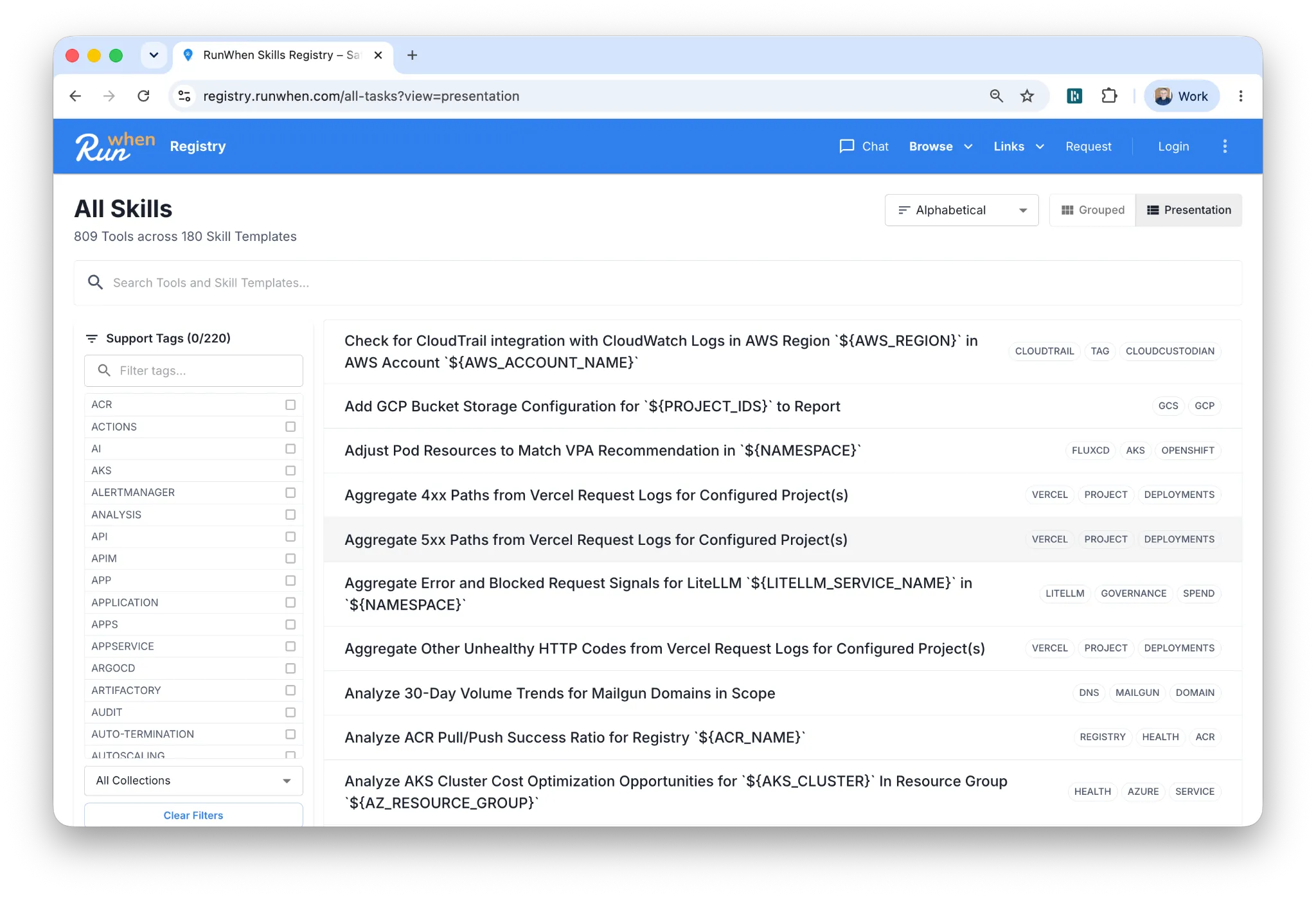 The RunWhen Skills Registry showing hundreds of ready-made Skill templates — CloudTrail checks, VPA recommendations, Vercel log aggregation, ACR health — each tagged by the technology it covers.
