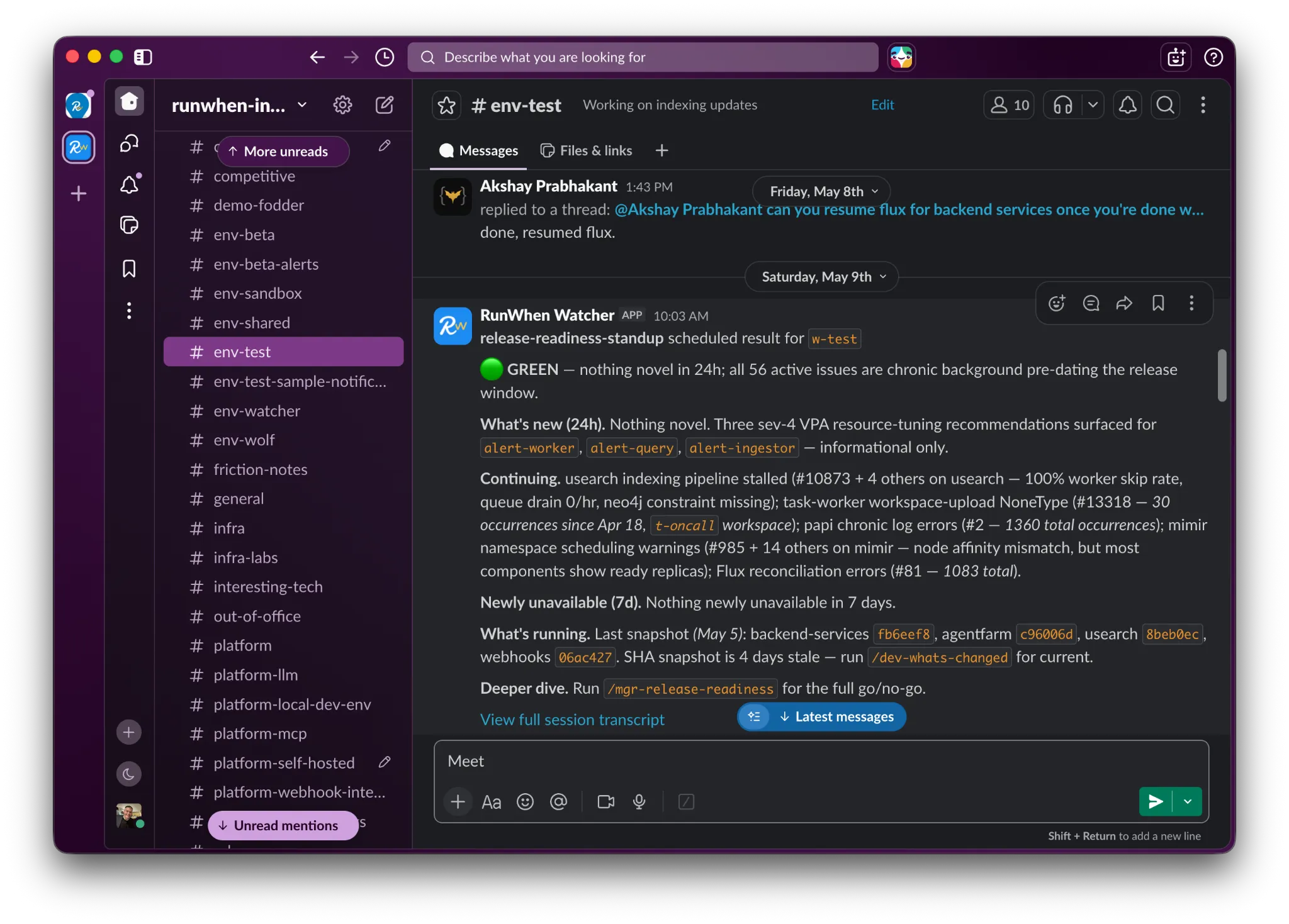 A "release-readiness-standup" newsletter in Slack: GREEN — nothing novel in 24h, all 56 active issues are chronic background issues pre-dating the release window — followed by What's new, Continuing, Newly unavailable, and What's running sections with commit SHAs.