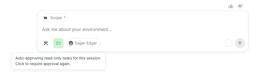 The auto-approve toggle: read-only tasks are set to run automatically for this session, with a tooltip noting you can click to require approval again.