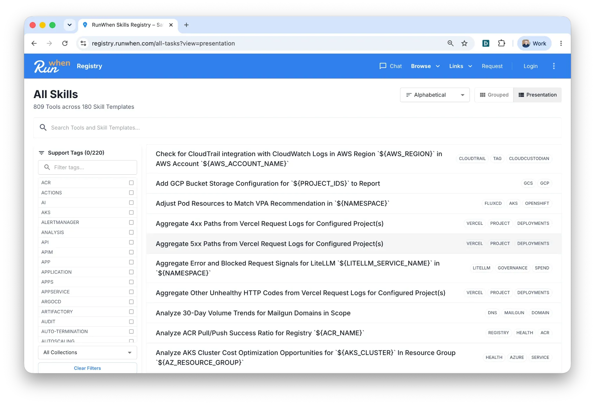 The RunWhen skills registry: hundreds of human-reviewed, production-safe skills, each tagged by platform. This snapshot shows 809 tools across 180 skill templates.