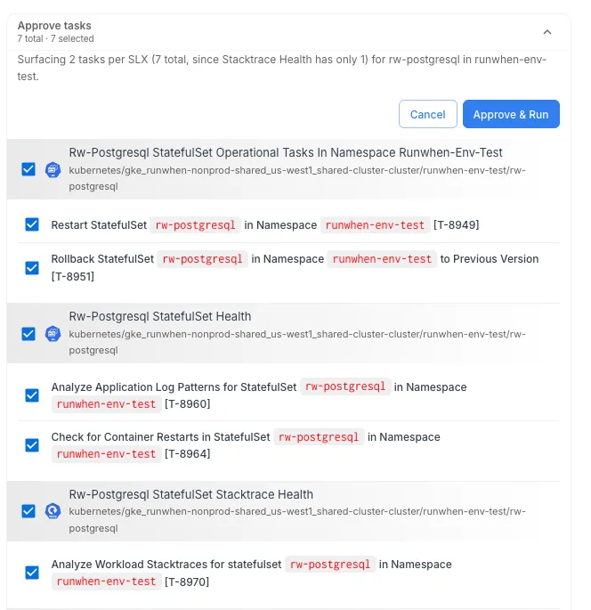 The approval modal: the agent surfaces the exact tasks it proposes to run against a resource, here restart, rollback, and health checks on a Postgres StatefulSet, each one selectable. Nothing executes until a person clicks Approve & Run.