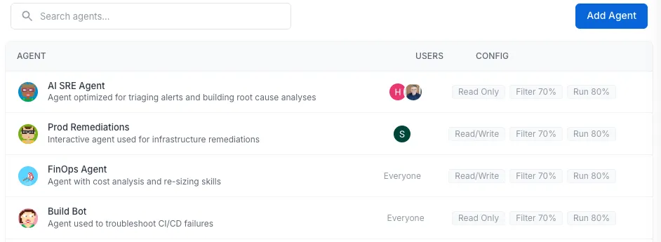 A list of agents in RunWhen — AI SRE Agent, Prod Remediations, FinOps Agent and Build Bot — each with its own user group and its own read-only or read/write configuration.