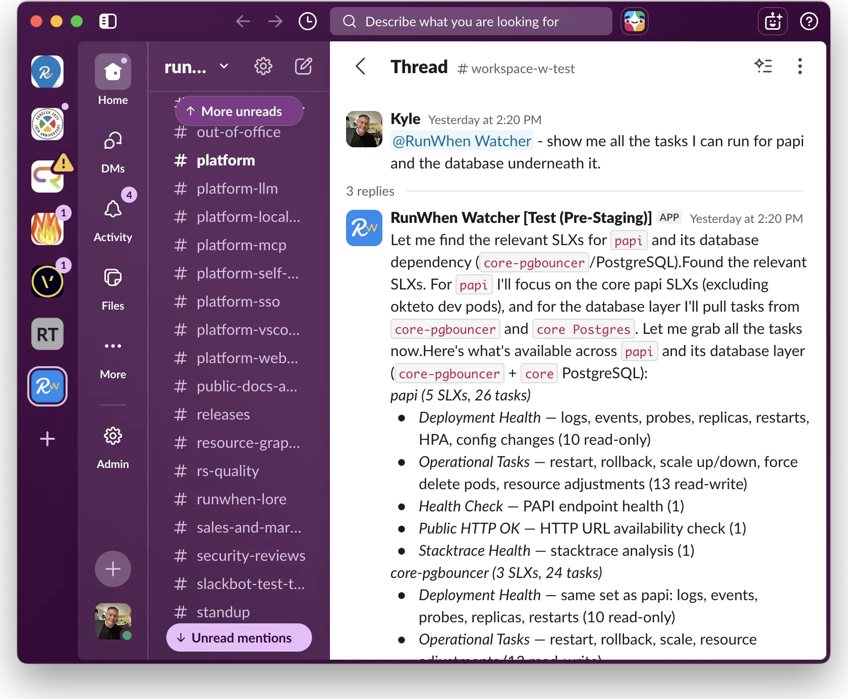 A Slack thread in which a RunWhen agent is asked which tasks can be run for a service and its database, and replies with a grouped inventory of read-only and read/write tasks.