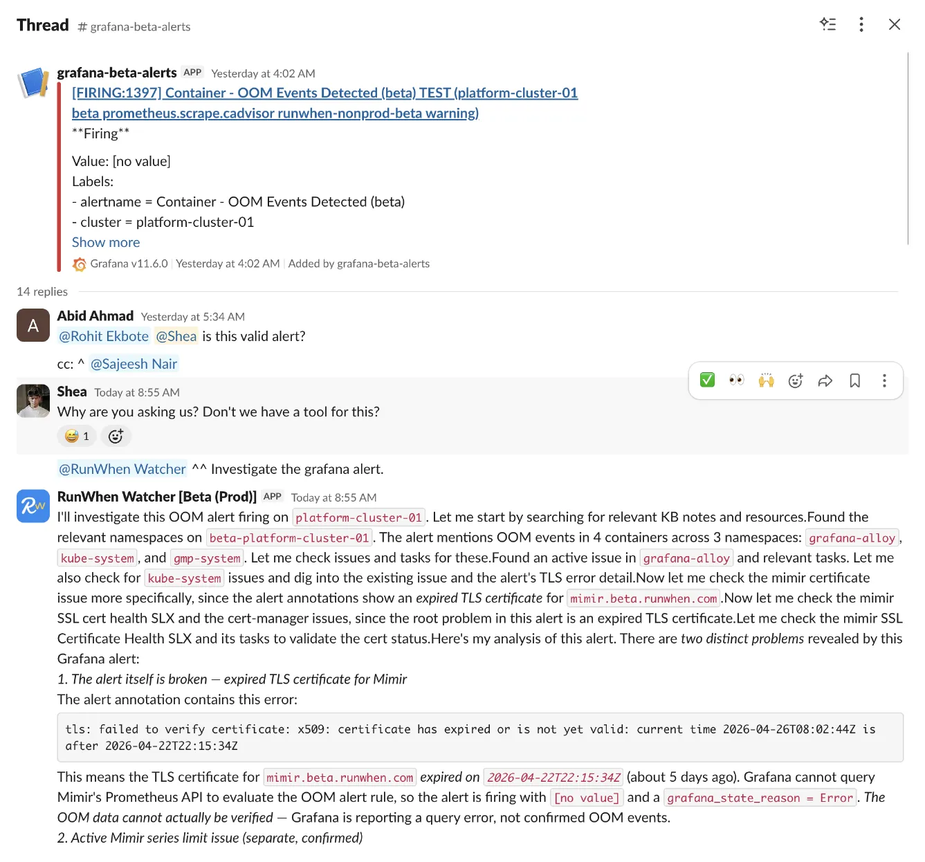 Slack thread on a Container OOM alert: Abid asks if it's valid; Shea hands it to @RunWhen Watcher, which surfaces an x509 expiry buried in the alert annotation.