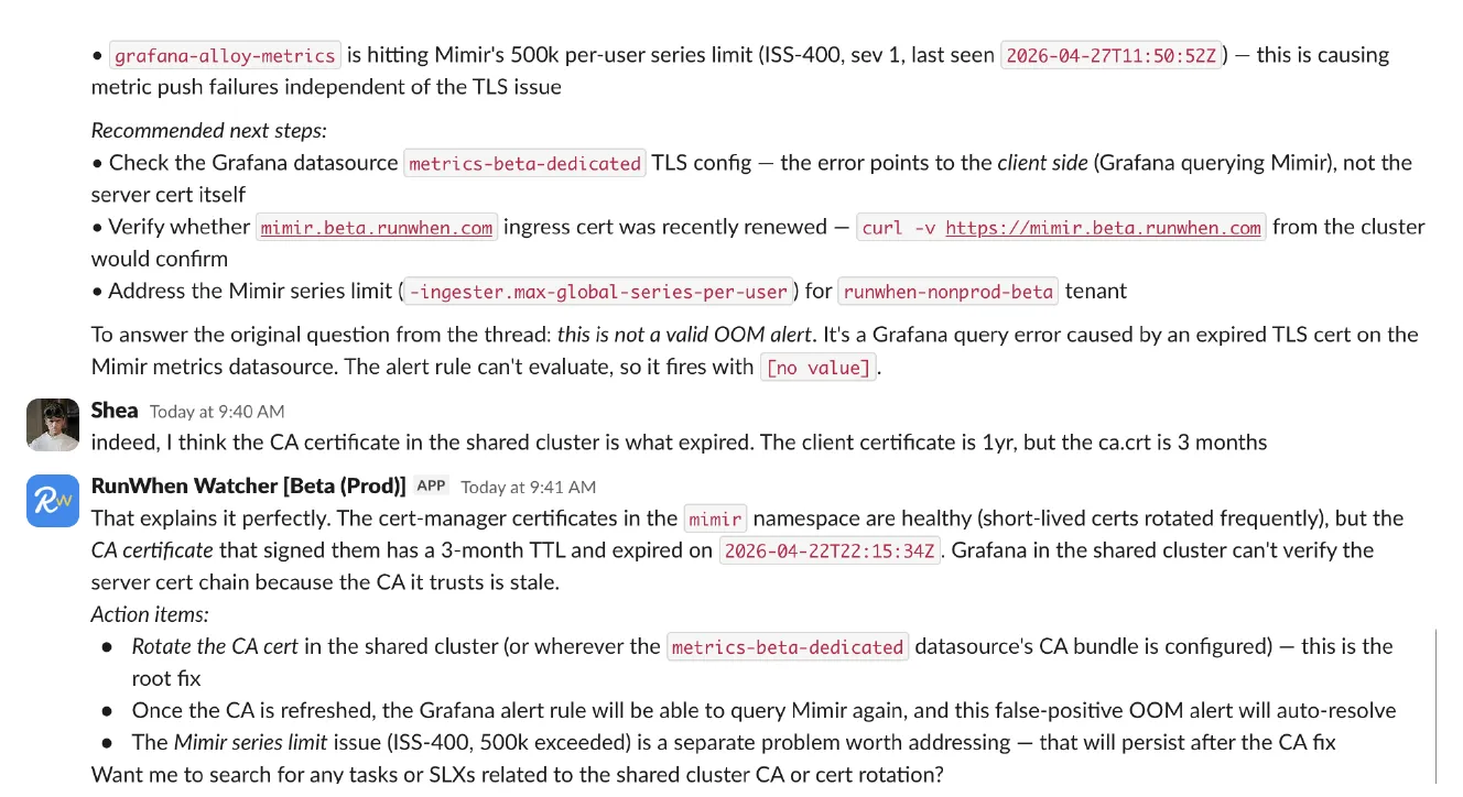 Mid-thread: Shea identifies the CA cert in the shared cluster as what expired; the RunWhen Agent confirms with action items.