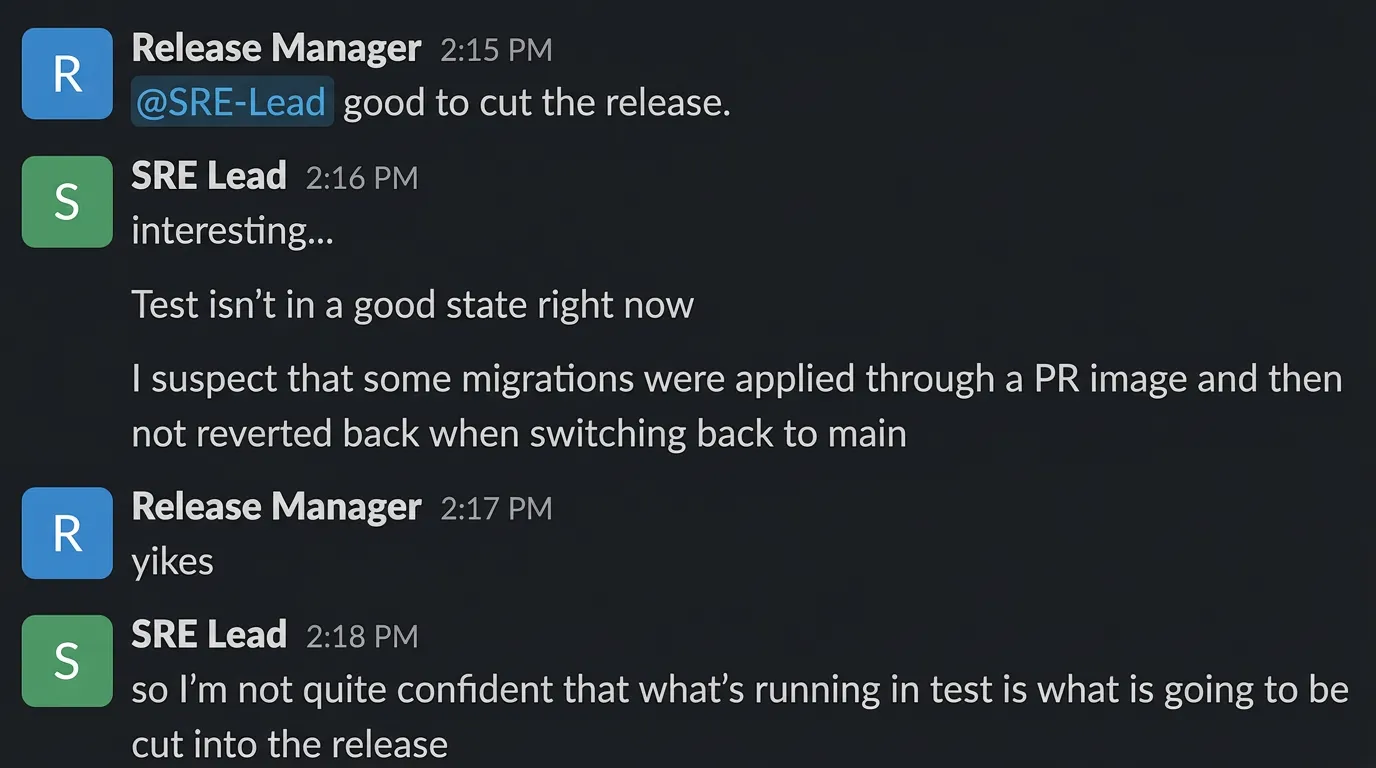 The Slack conversation that happens before every release — "good to cut?" followed by uncertainty about what is actually running in test