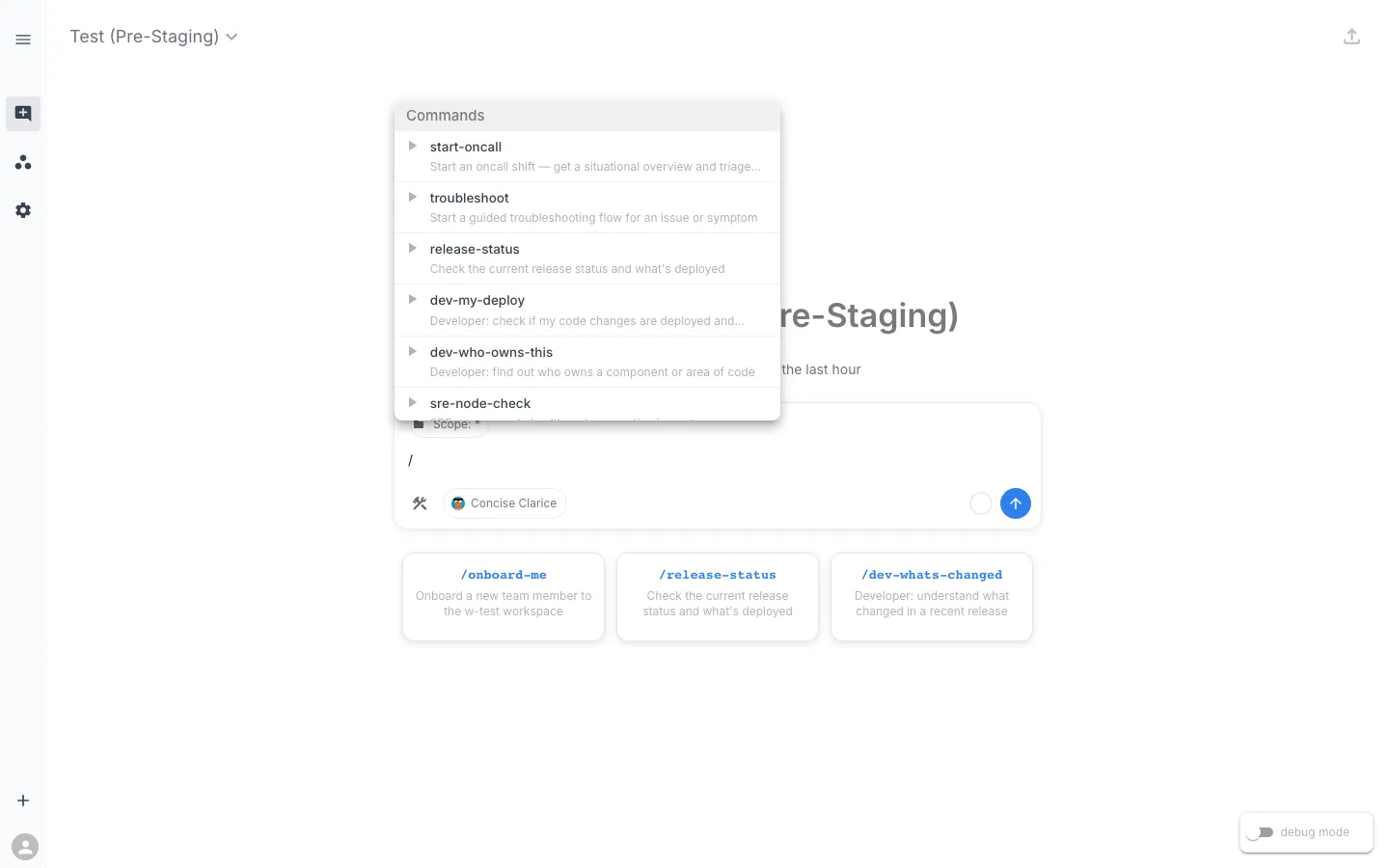 Typing a slash command in Workspace Chat reveals the available commands