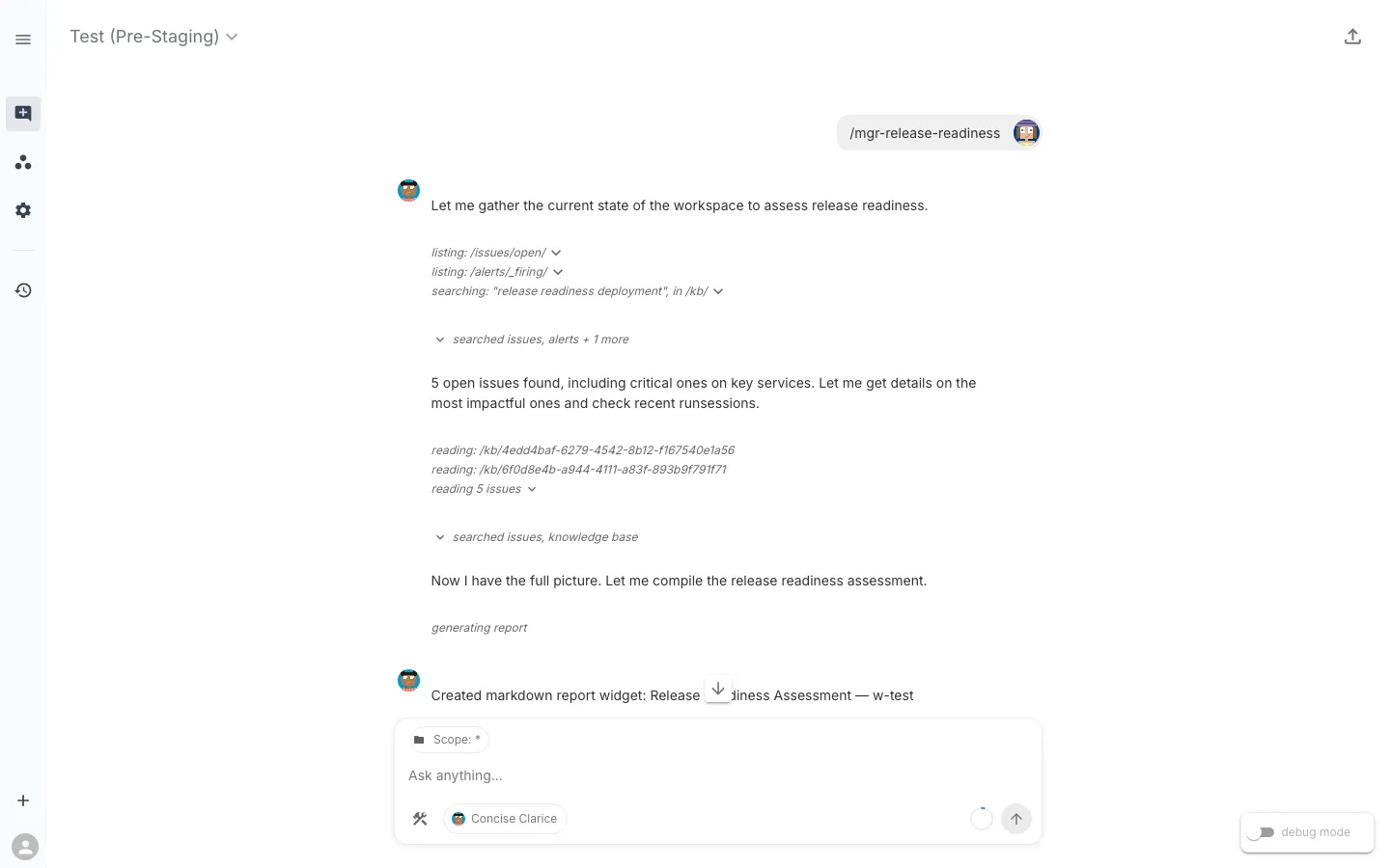 The assistant immediately begins gathering data — listing open issues, checking firing alerts, searching the knowledge base