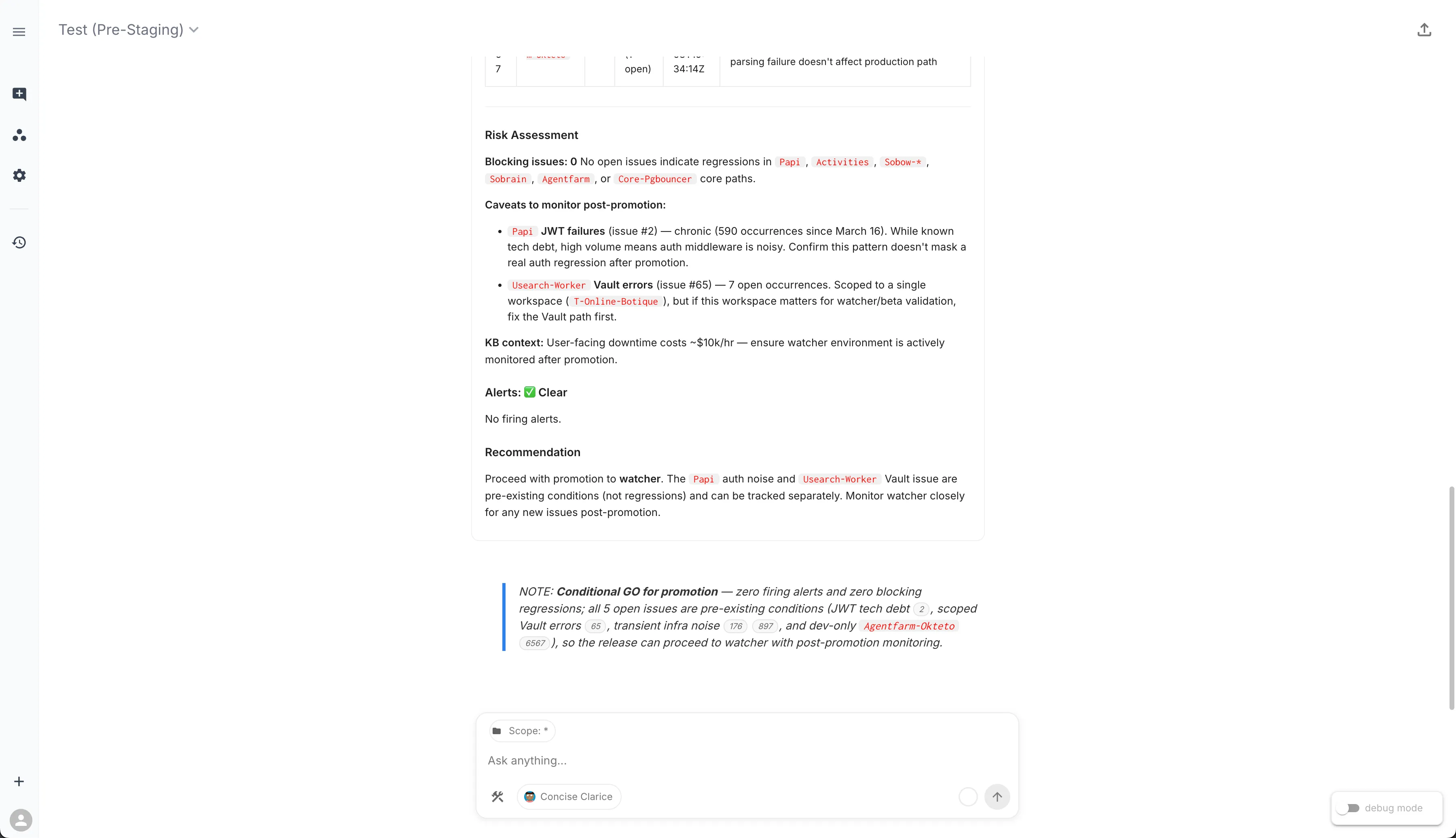 The final assessment — a collapsed report widget and a Conditional GO for promotion, with each issue cited by ID