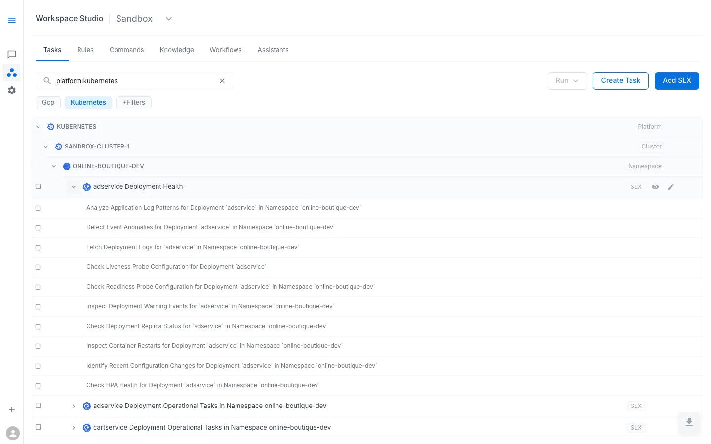 SLX expanded — individual tasks within the "Adservice Deployment Health" SLX