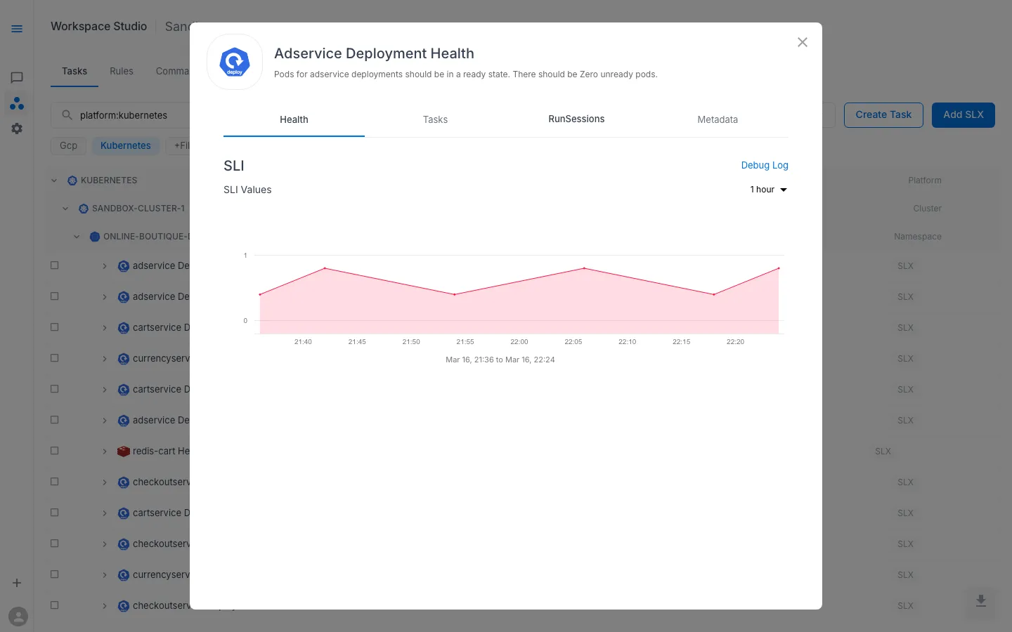 SLX Preview — Health tab showing SLI metric values over time