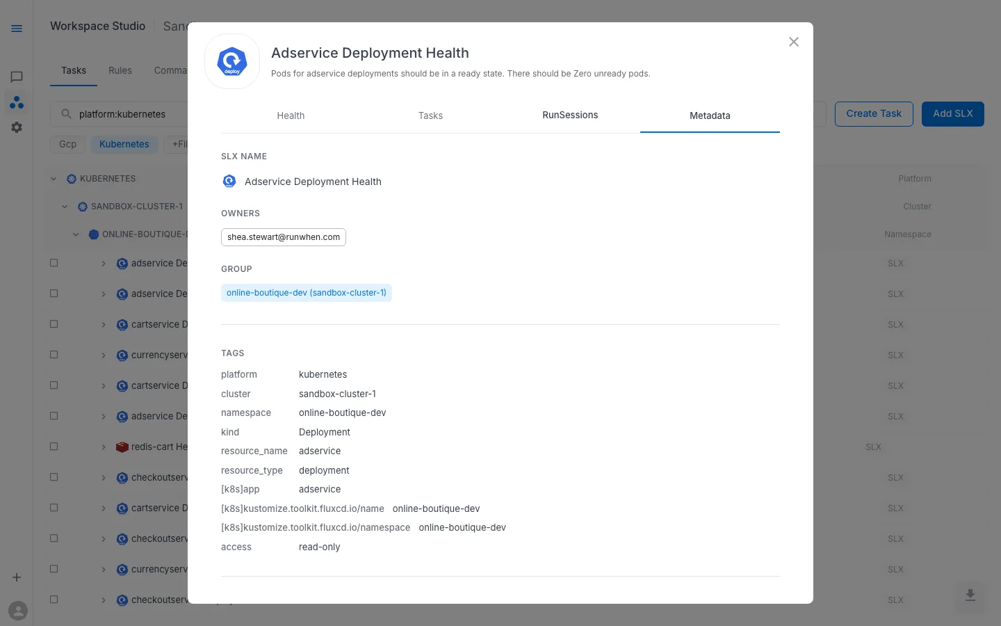 SLX Preview — Metadata tab showing SLX name, owners, group, and tags