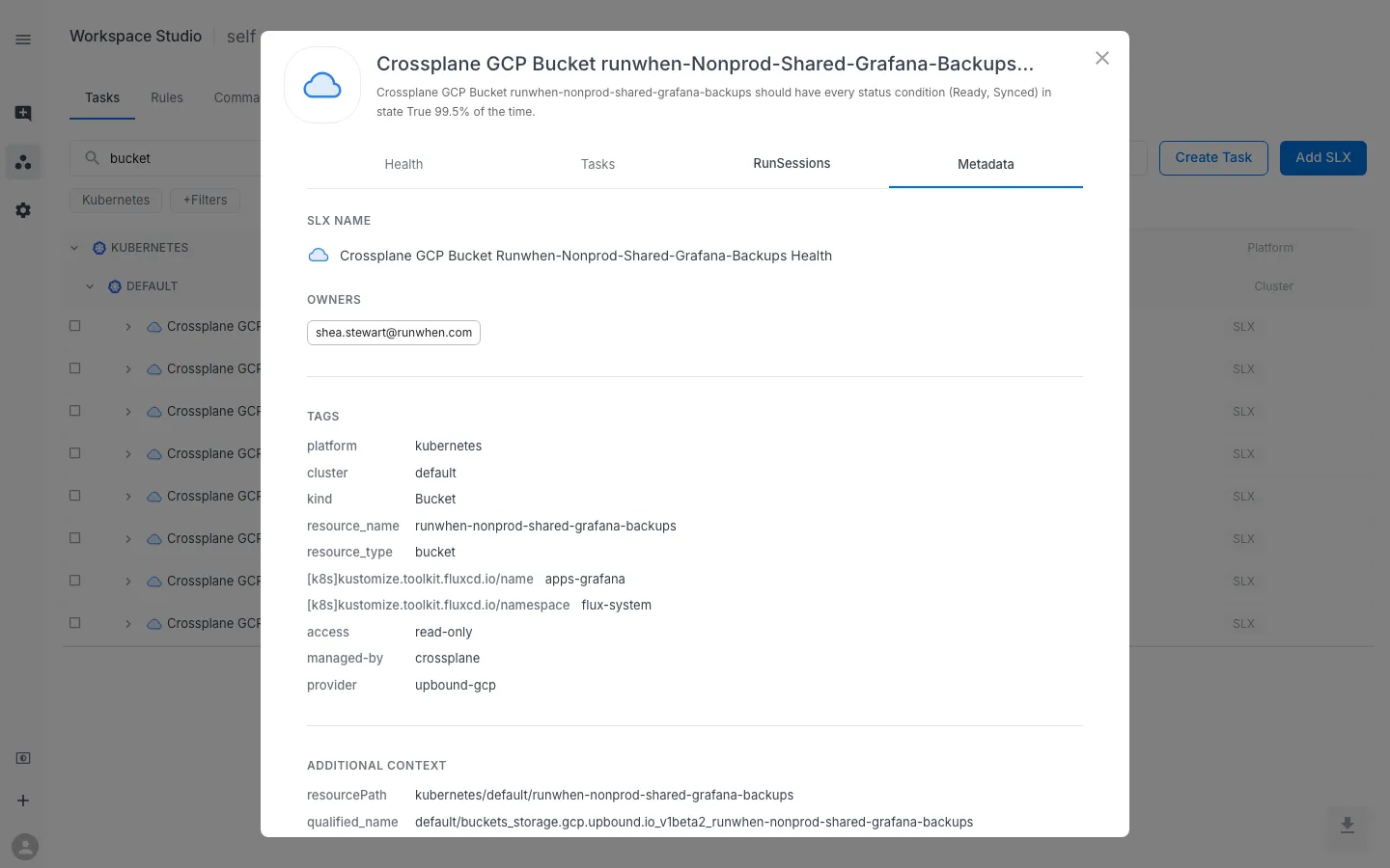 SLX Preview Metadata tab for a Crossplane GCP Bucket — showing owners, tags (platform kubernetes, cluster default, kind Bucket, resource_type, resource_name, managed-by crossplane, provider upbound-gcp), plus resource path and qualified_name that identify the underlying Kubernetes object