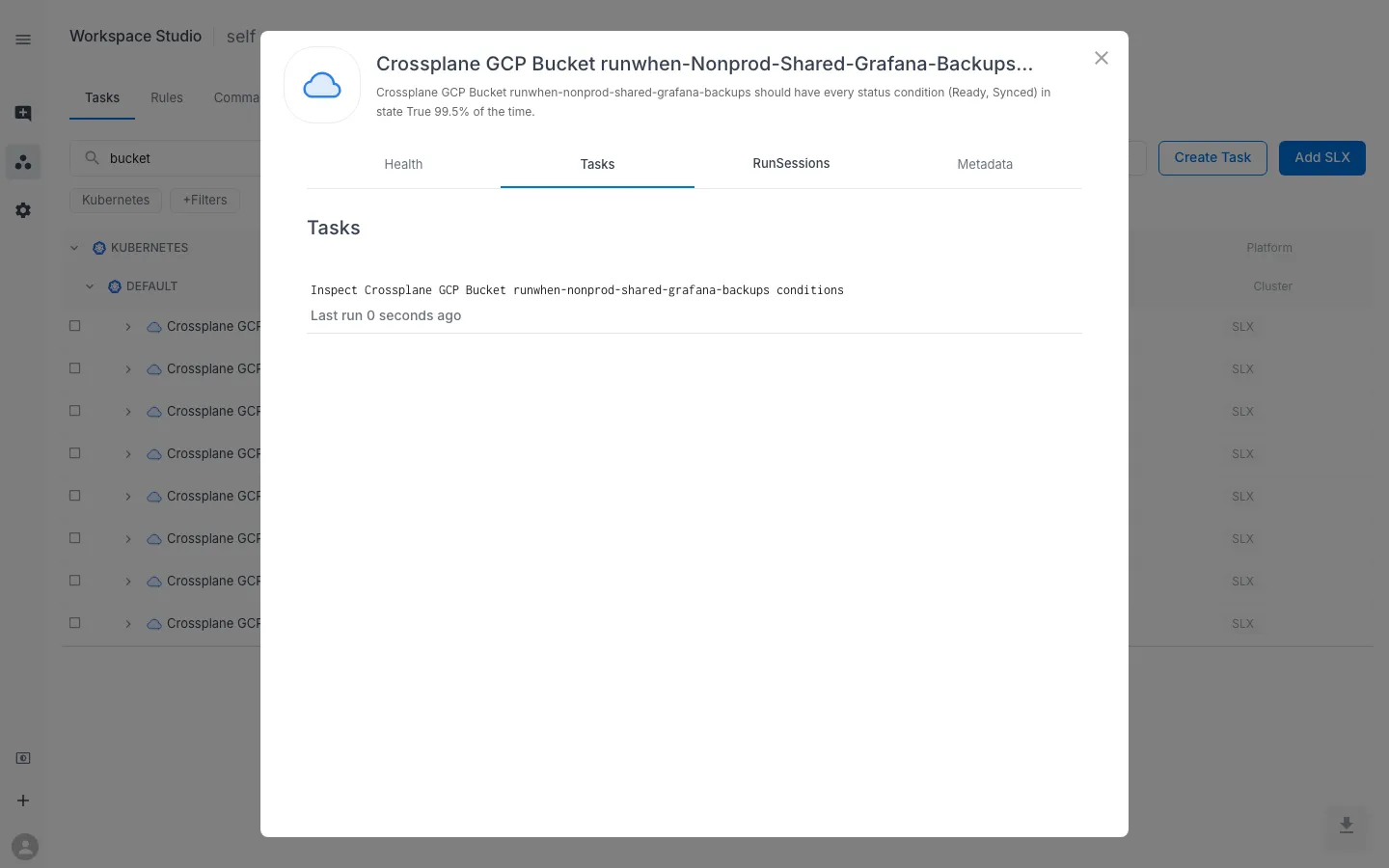 SLX Preview Tasks tab — a single "Inspect Crossplane GCP Bucket runwhen-nonprod-shared-grafana-backups conditions" task with a last-run timestamp