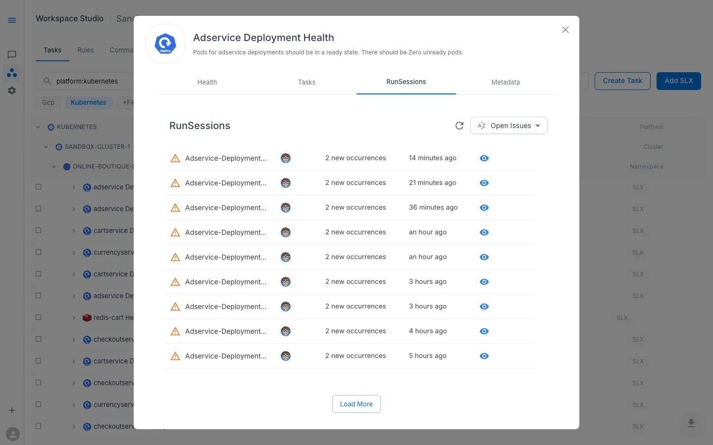 SLX Preview — RunSessions tab showing historical task executions and issue counts
