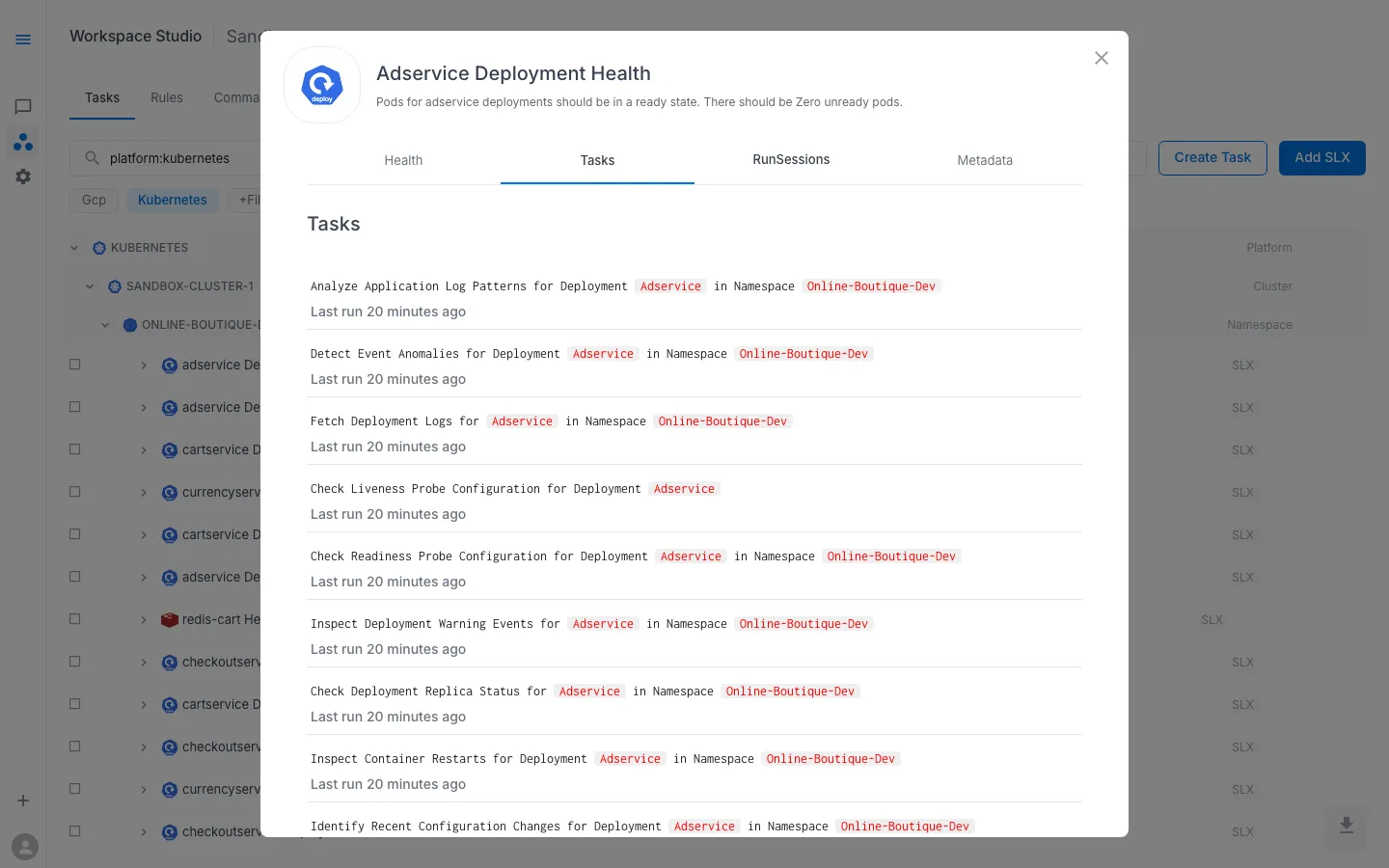 SLX Preview — Tasks tab showing all tasks with last run timestamps