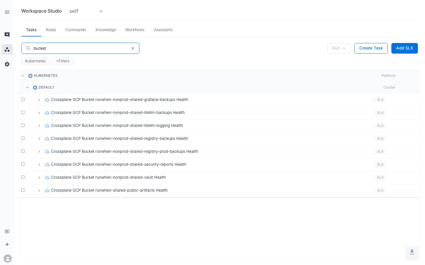 Workspace Studio Tasks list filtered to "bucket" — eight discovered Crossplane GCP Bucket SLXs under KUBERNETES / DEFAULT cluster, one per bucket in the cluster