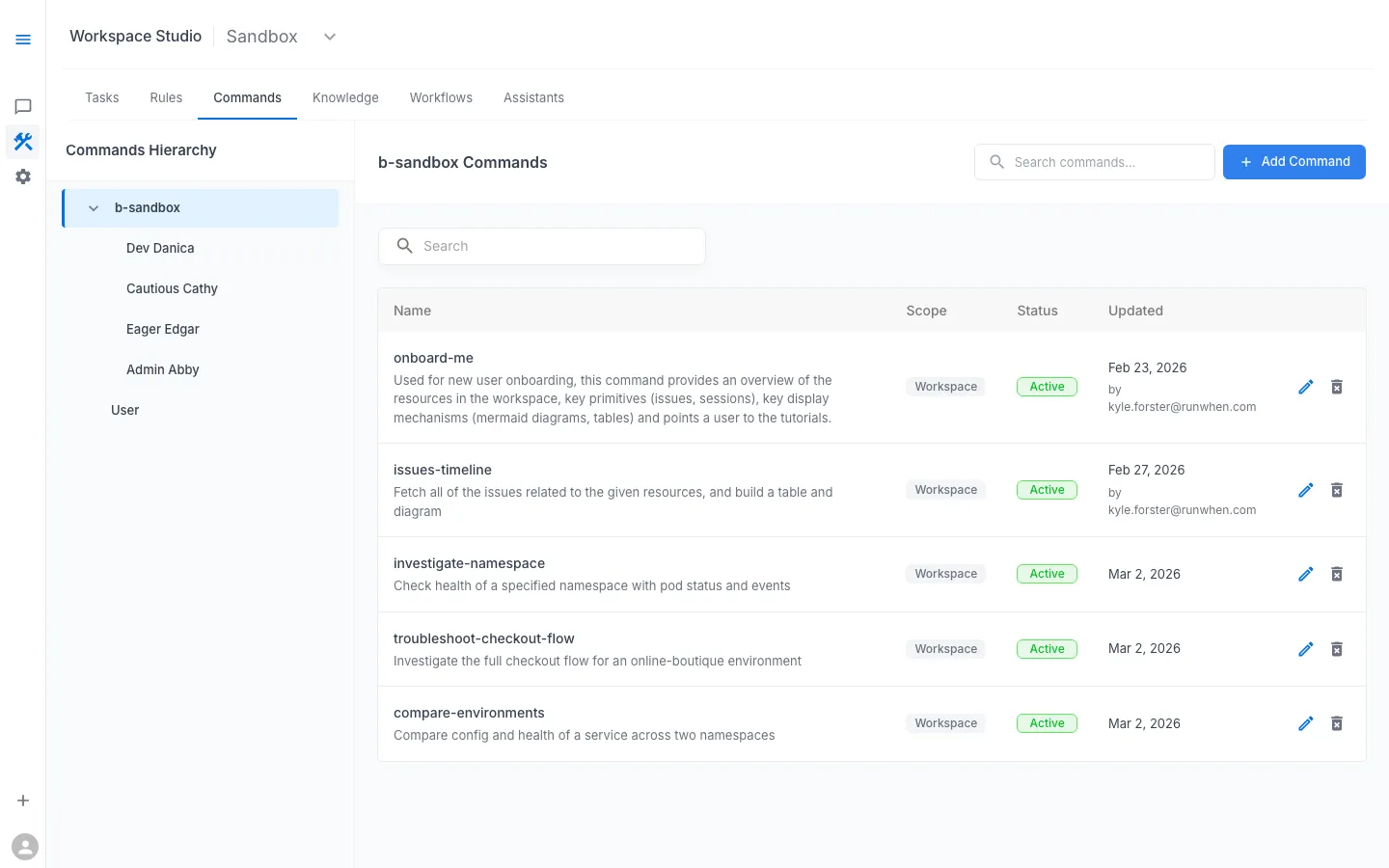 Workspace Studio Commands — Custom commands for troubleshooting workflows