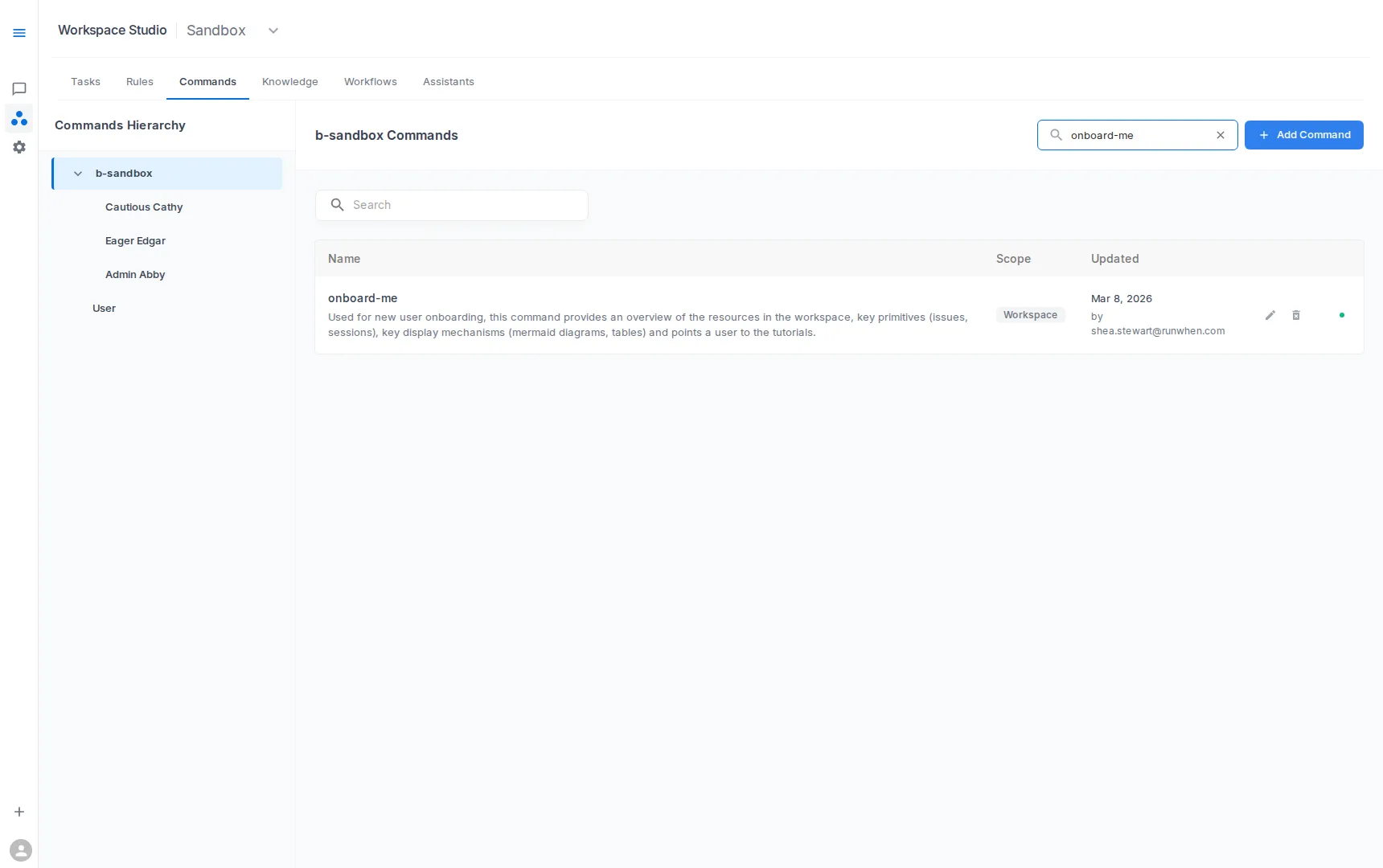 Workspace Studio Commands filtered to onboard-me