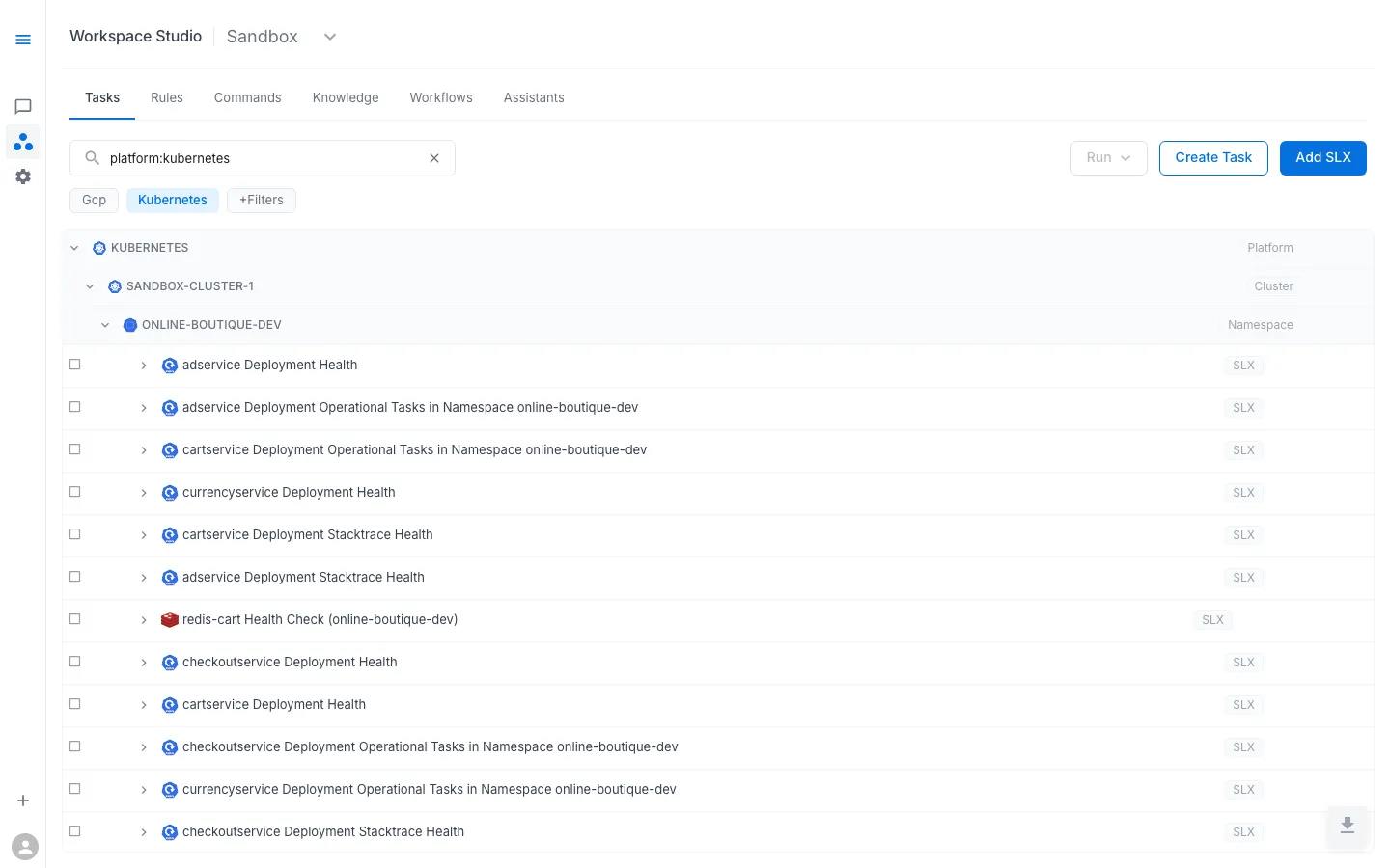 Workspace Studio — SLXs organized by platform, cluster, and namespace