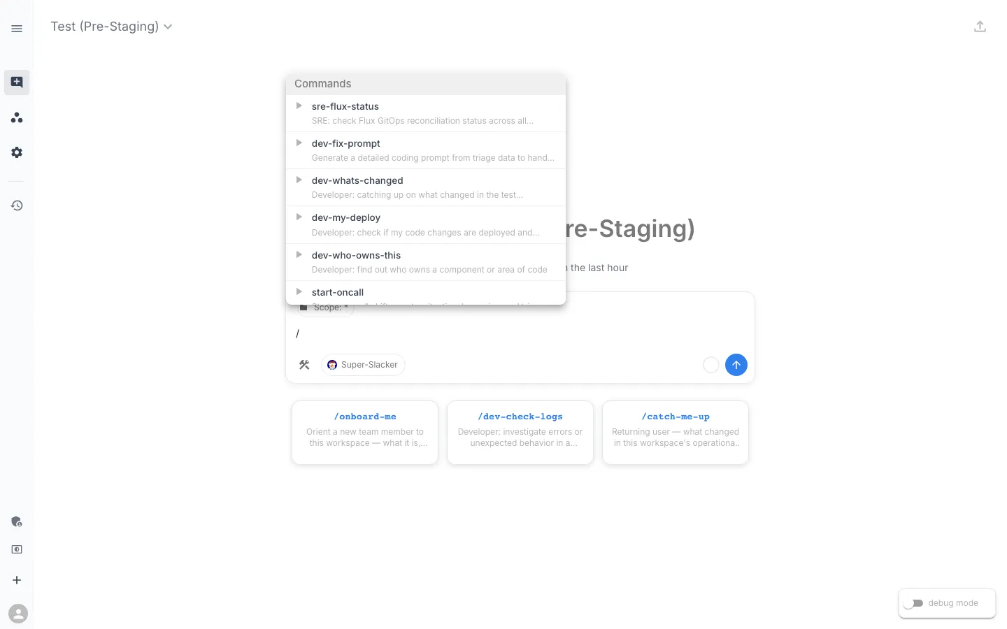 Workspace Chat — slash command picker after typing /