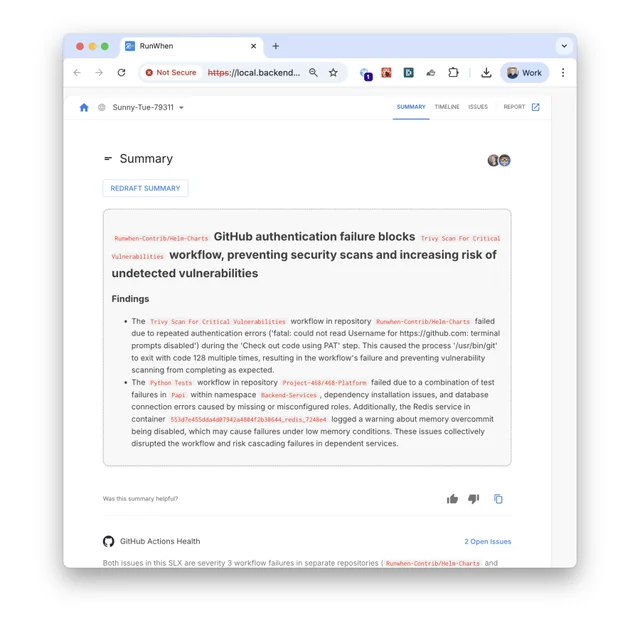An Agent summary reporting that a GitHub authentication failure is blocking a workflow, preventing security scans and increasing the risk of undetected vulnerabilities, with detailed findings beneath.