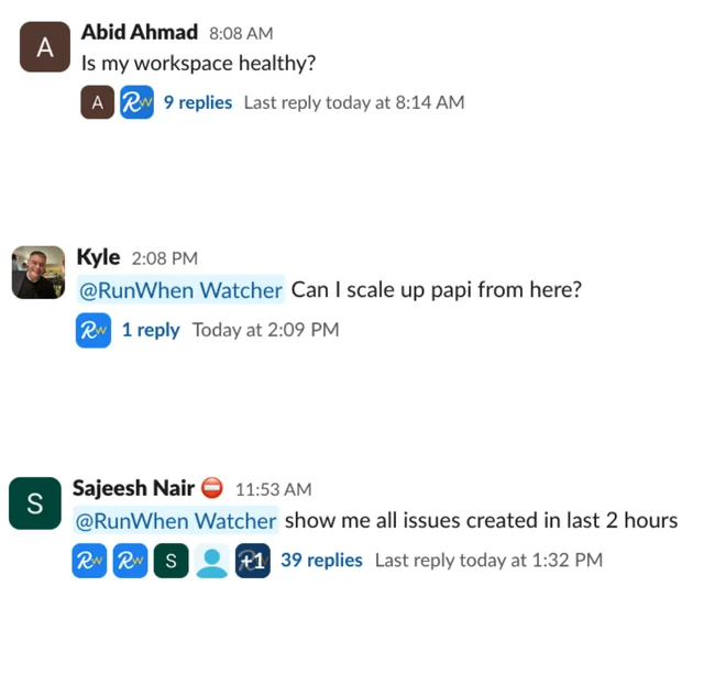 A Slack channel where developers ask the Agent everyday questions — is my workspace healthy, can I scale up papi from here, show me all issues created in the last 2 hours — each answered in a thread.